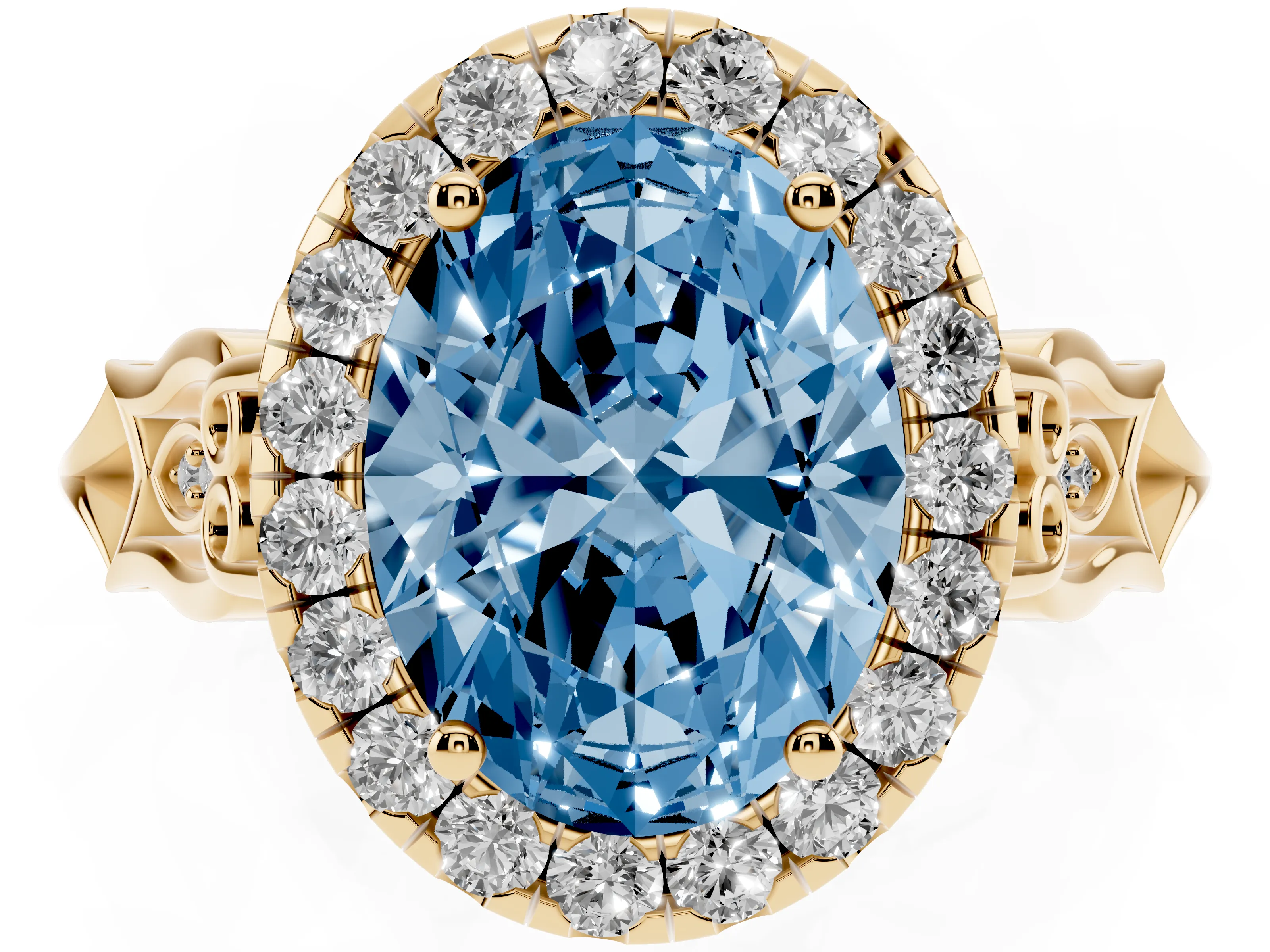 Fancy Blue Oval Cut Diamond Halo Engagement Ring Set in Yellow gold with Filigree Band and Prong-Set Center