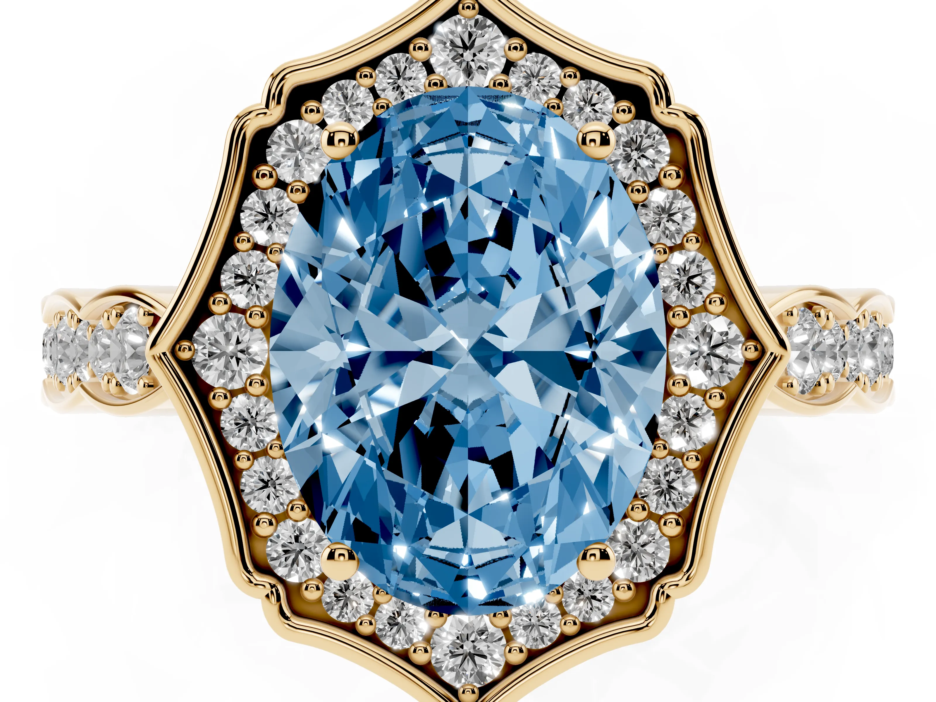 Fancy Blue Oval Cut Diamond Halo Engagement Ring Set in Yellow gold with Milgrain Band and Prong Setting