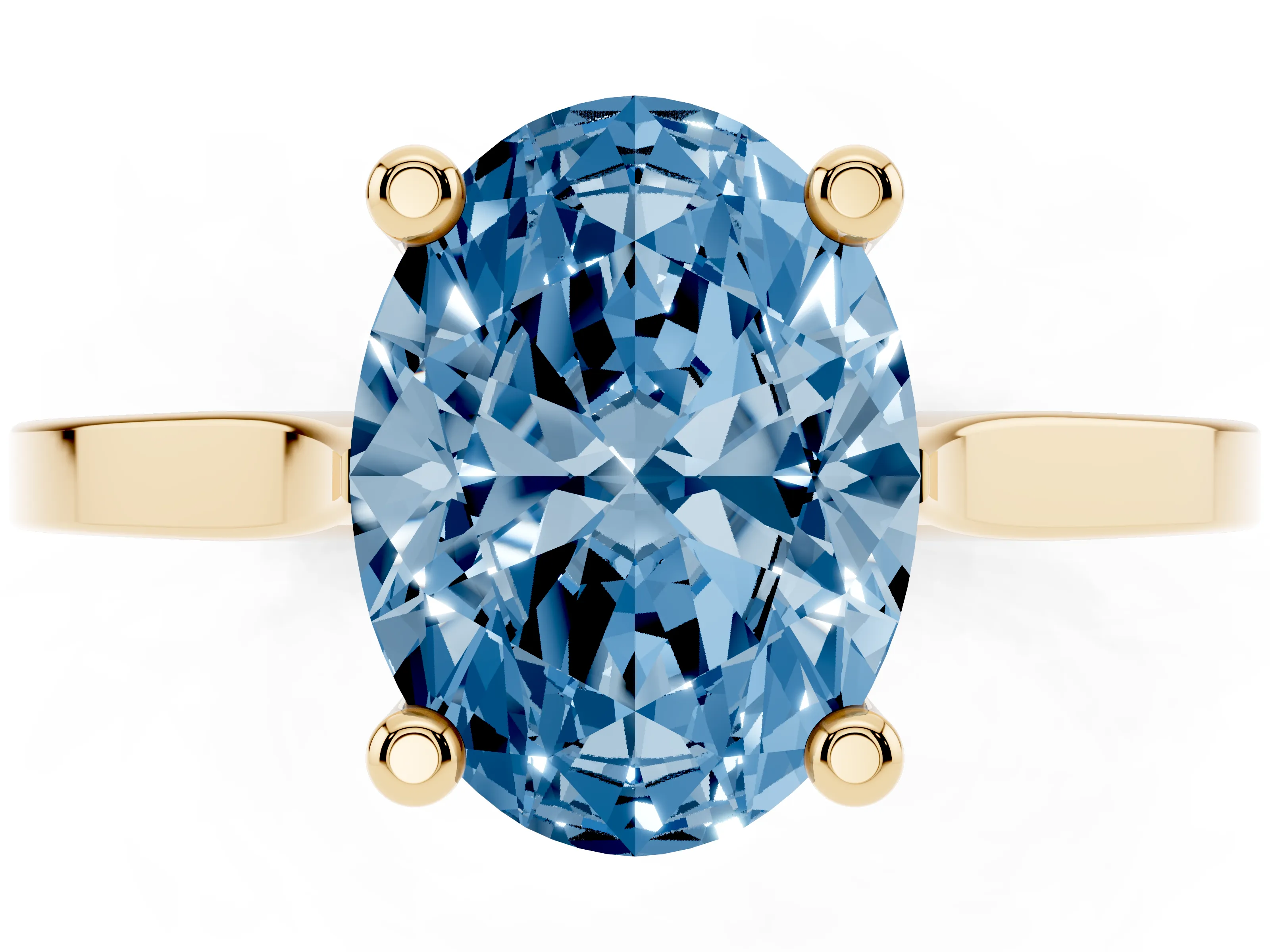 Fancy Blue Oval Cut Diamond Solitaire Ring Set in Yellow gold with Prong Setting and Tapered Band