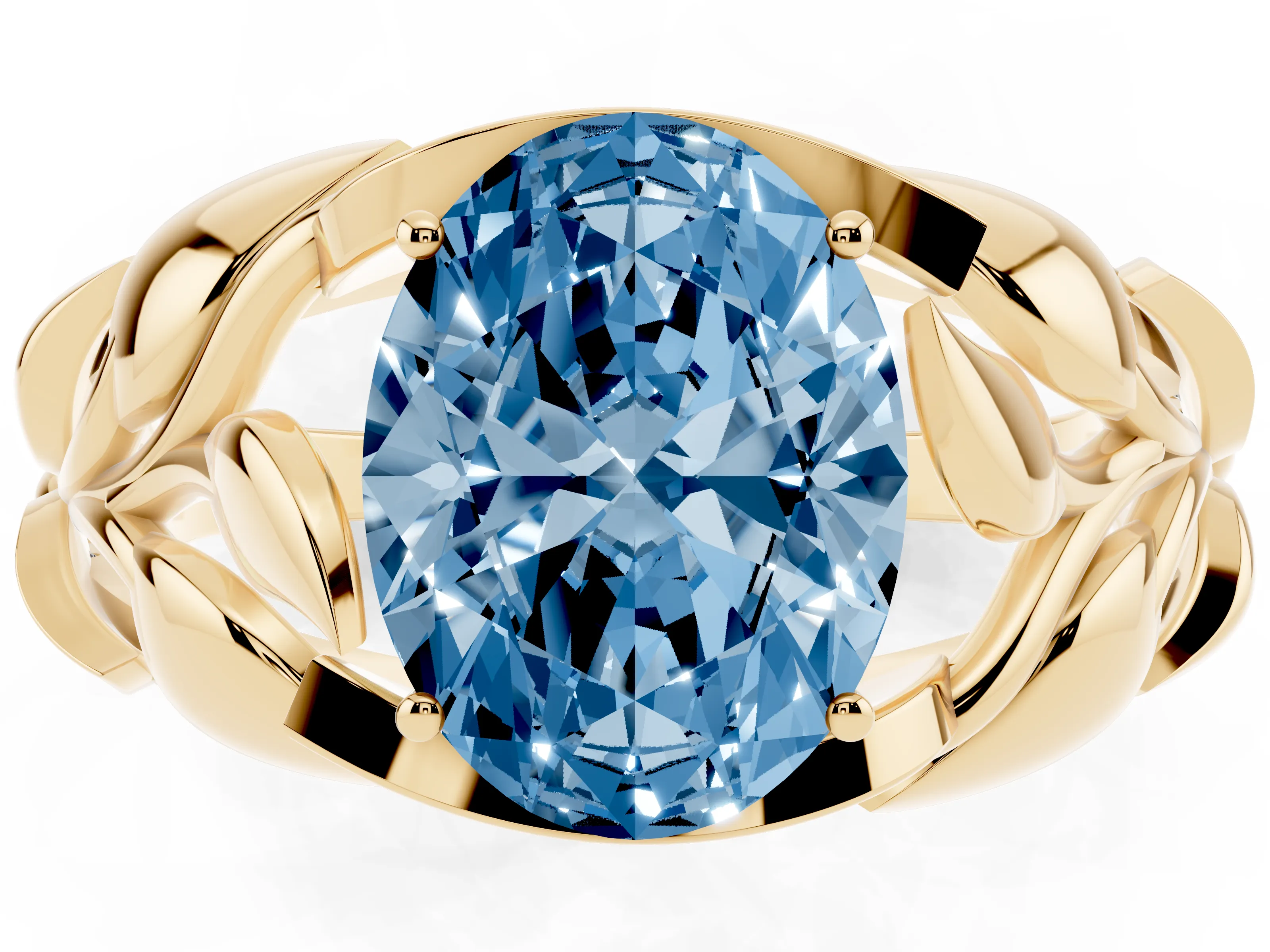 Fancy Blue Oval Cut Diamond Leaf-Inspired Engagement Ring Set in Yellow gold with Round Accents