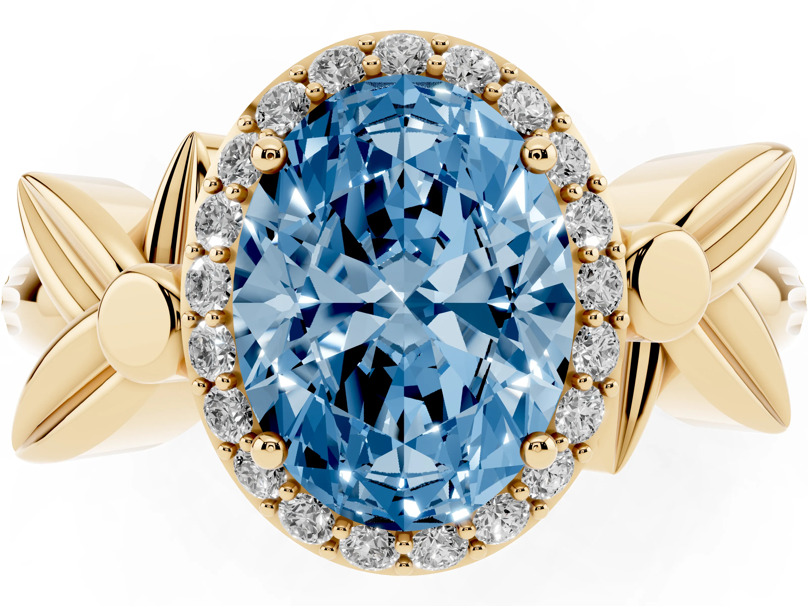 Fancy Blue Oval Cut Diamond Halo Floral Band Ring Set in Yellow gold with Prong Setting