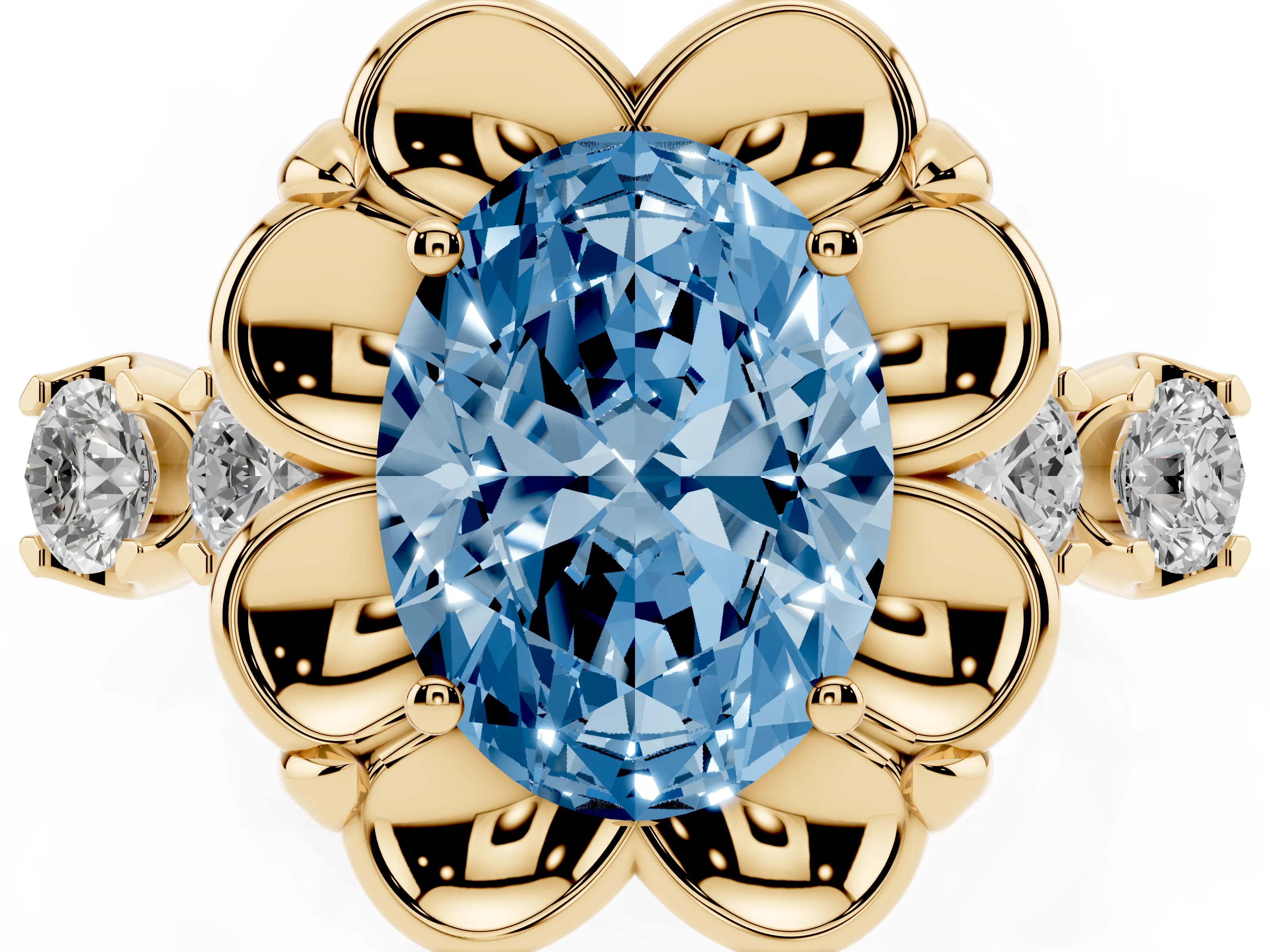 Fancy Blue Oval Cut Diamond Floral Halo Ring Set in Yellow gold with Shared Prong Band