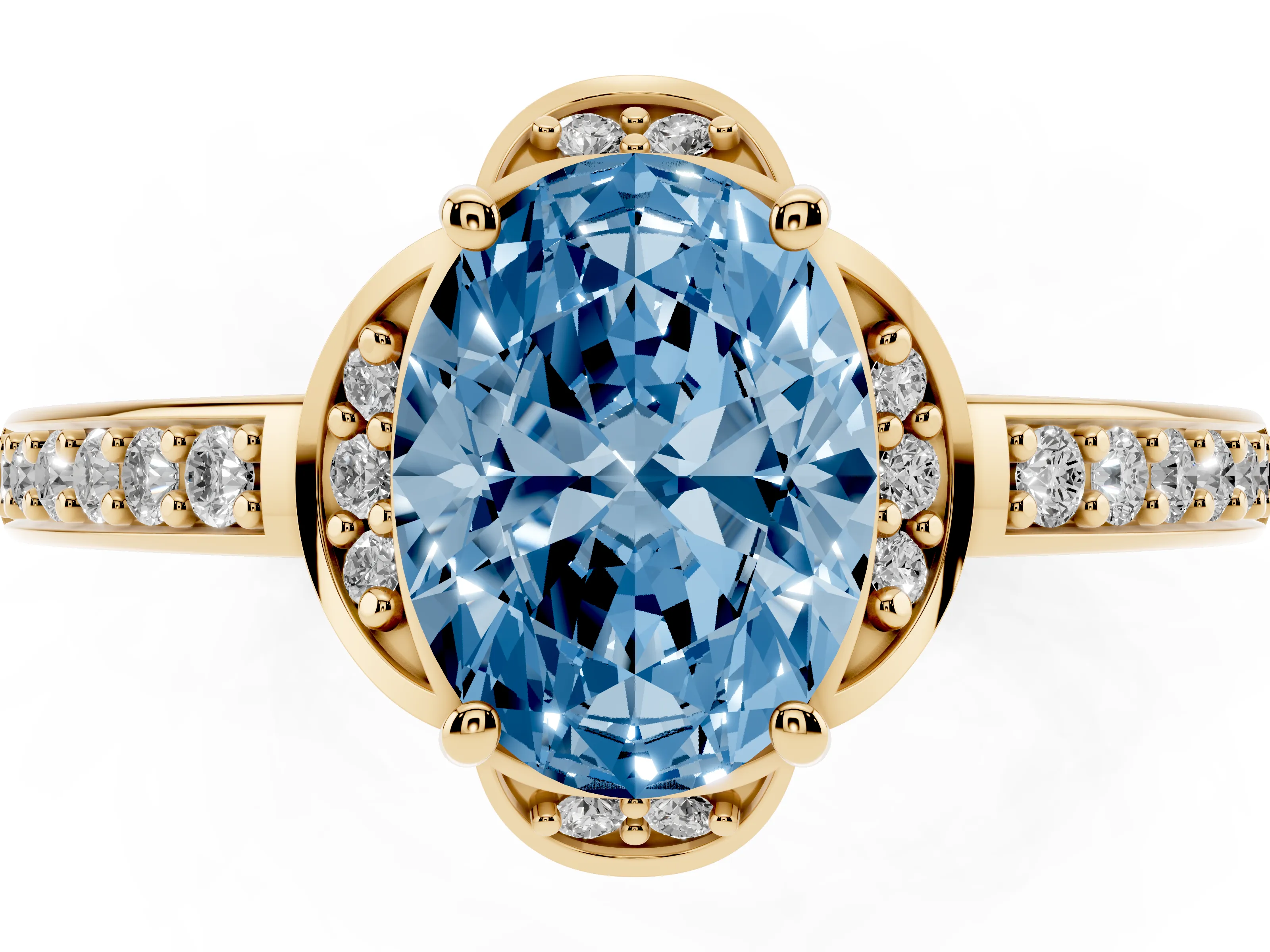 Fancy Blue Oval Cut Diamond Halo Ring Set in Yellow gold with Channel Set Band and Prong Setting
