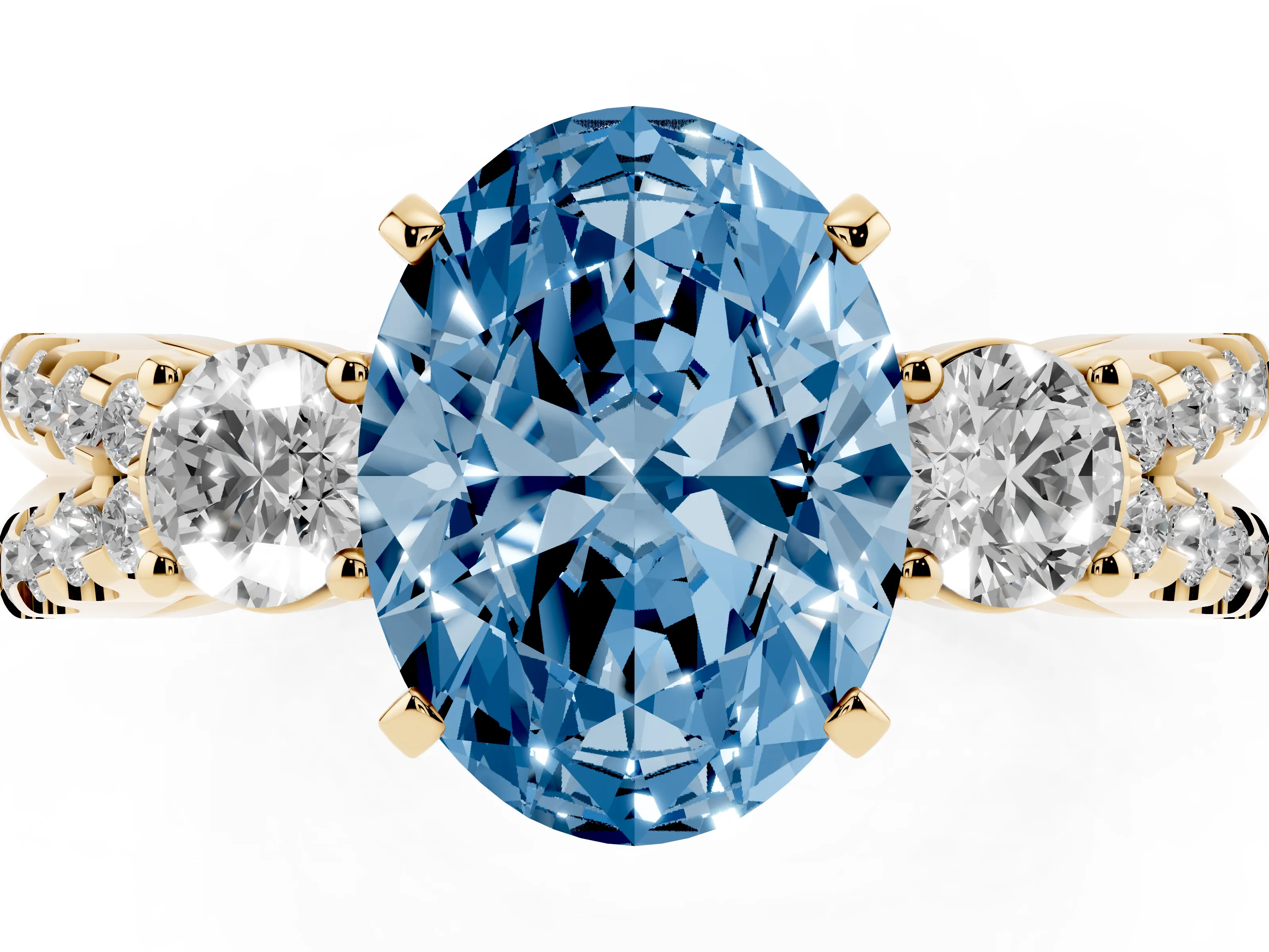Fancy Blue Oval Cut Diamond Three-Stone Ring Set in Yellow gold with Pavé Split Shank and Prong Setting