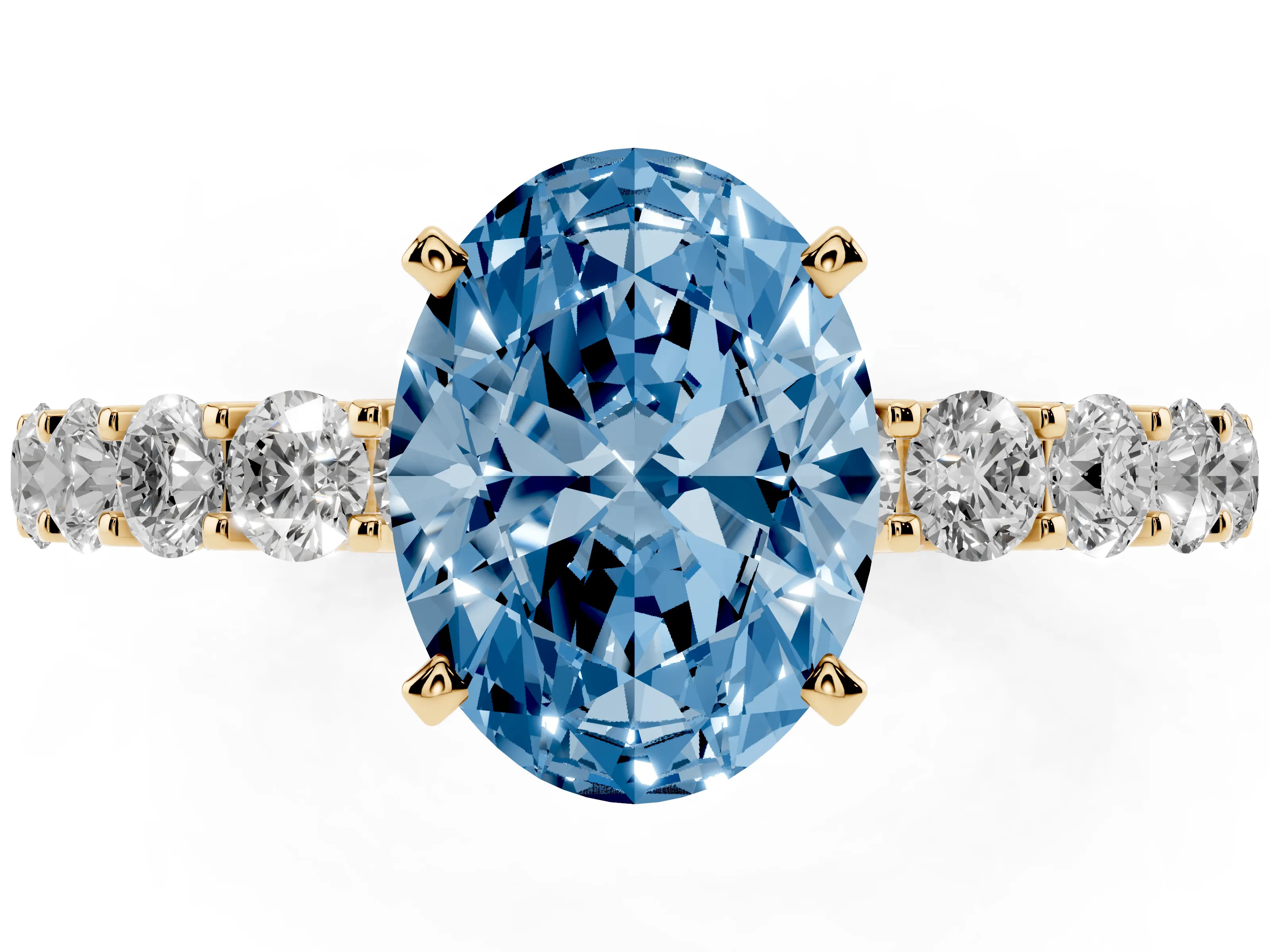 Fancy Blue Oval Cut Diamond Solitaire Ring Set in Yellow gold with Shared Prong Pavé Band