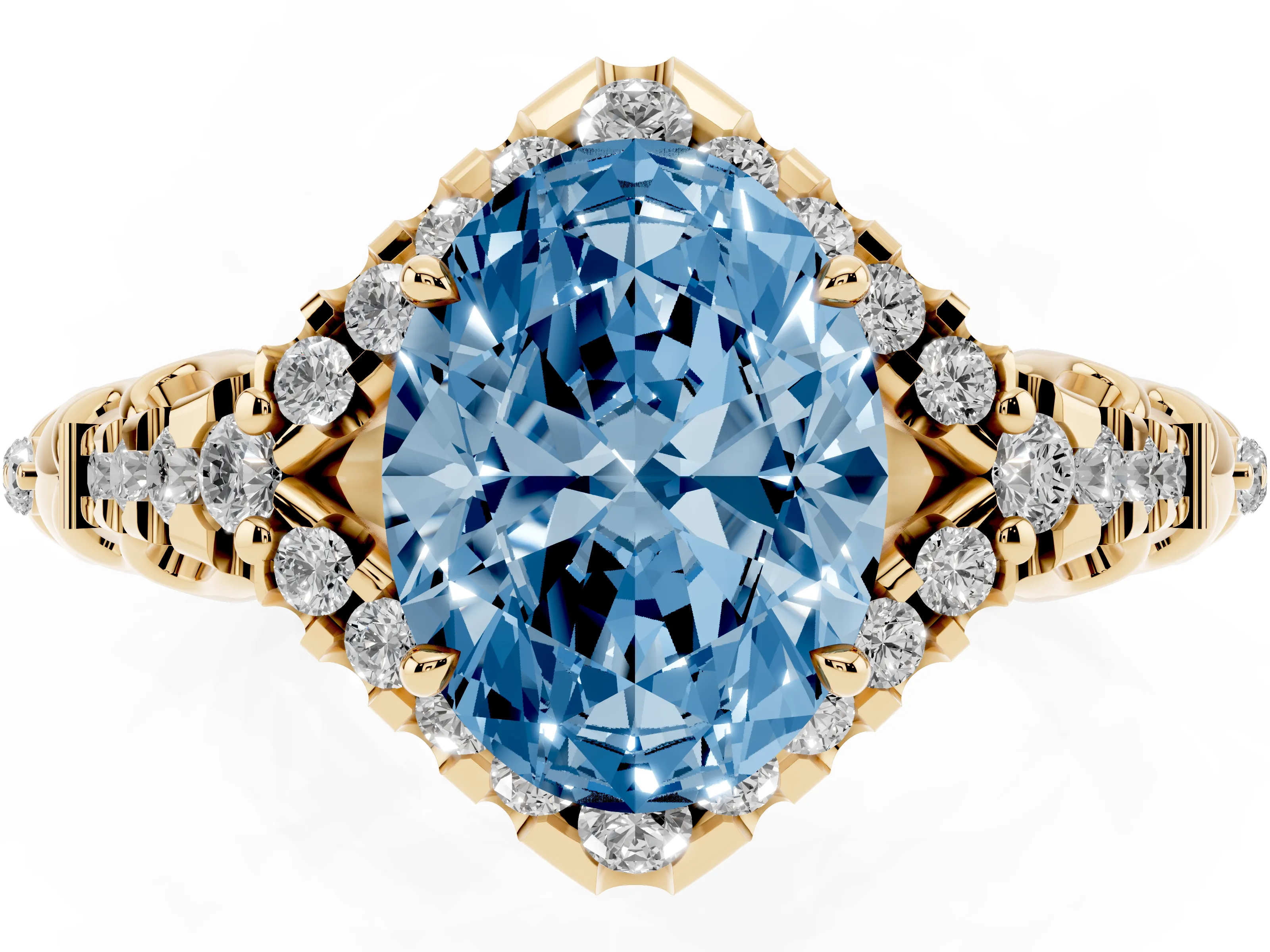 Fancy Blue Oval Cut Diamond Solitaire Ring Set in Yellow gold with Hidden Halo and Pavé Band