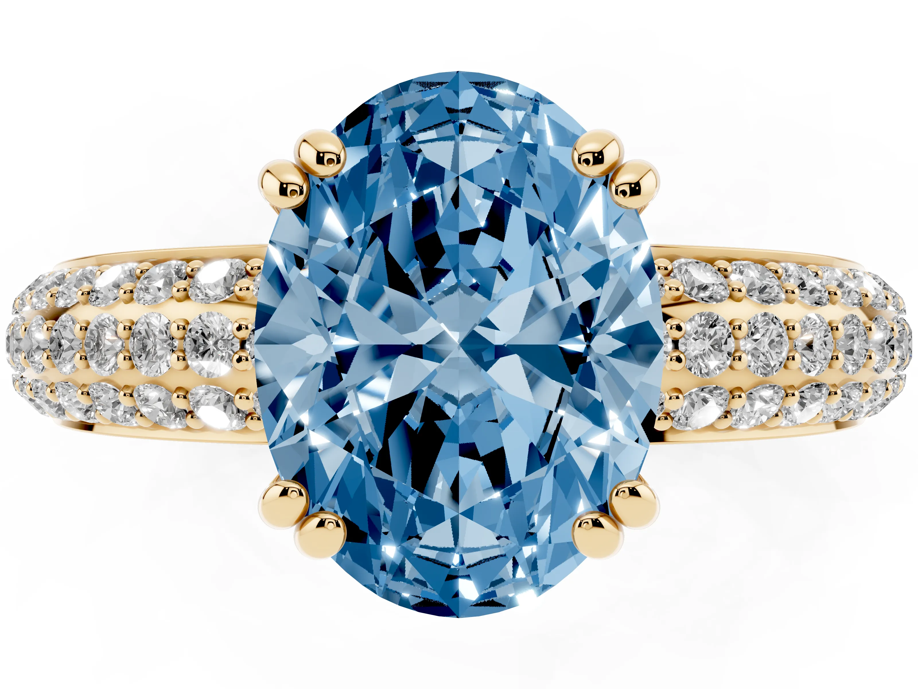 Fancy Blue Oval Cut Diamond Solitaire Ring Set in Yellow gold with Multi-Row Round Pavé Band and Prong Setting