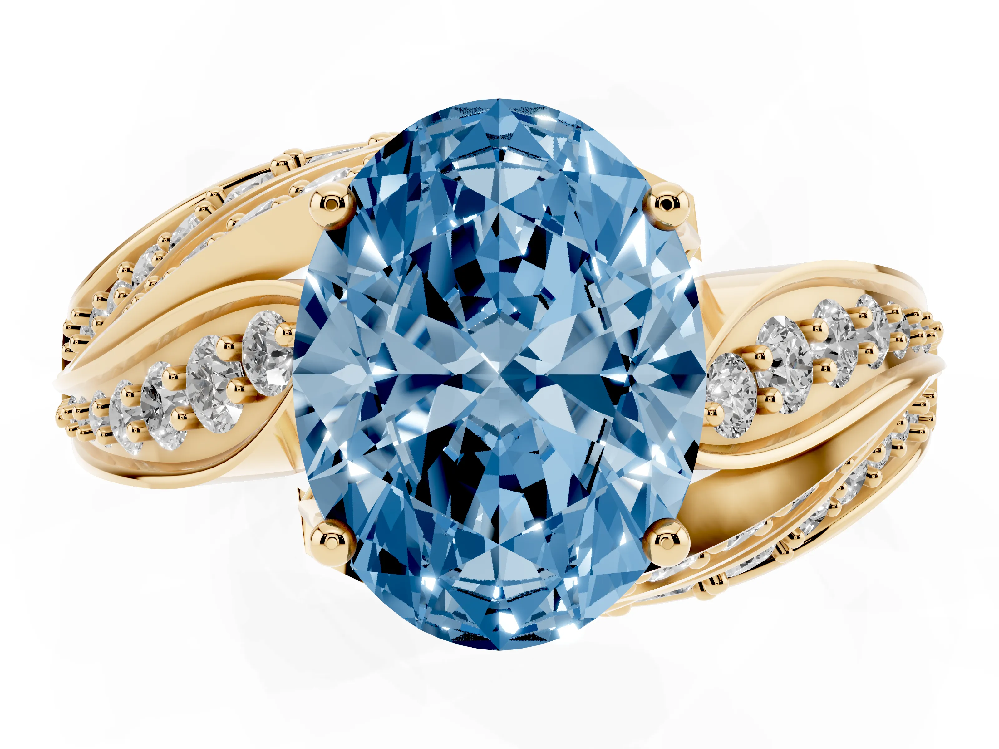 Fancy Blue Oval Cut Diamond Solitaire Ring Set in Yellow gold with Layered Twist Pavé Band