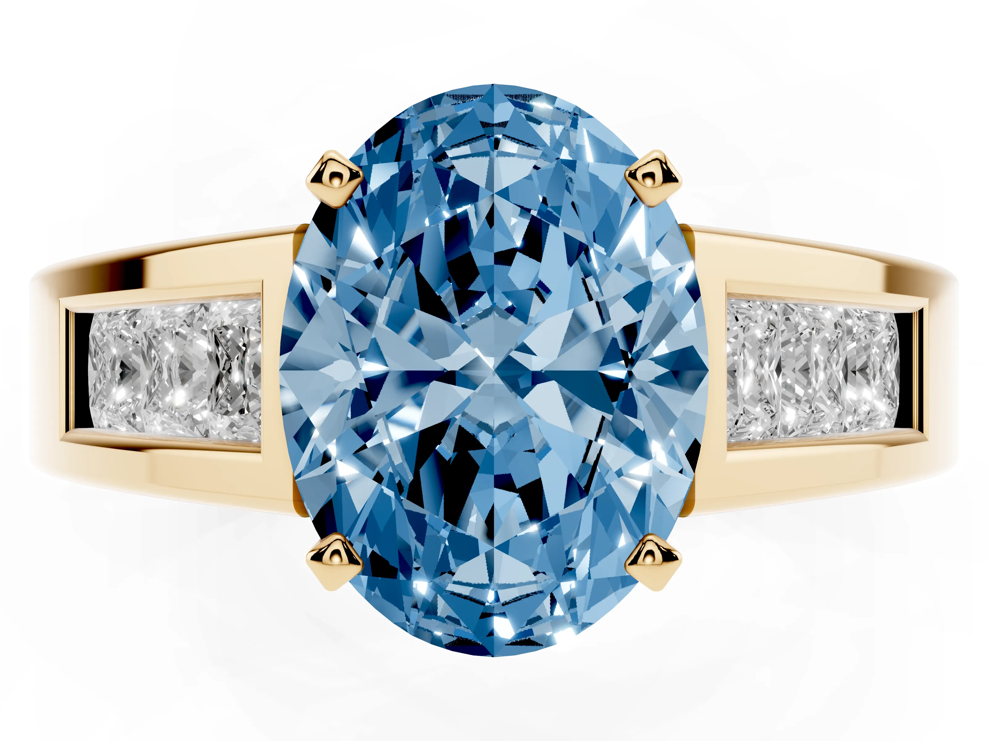 Fancy Blue Oval Cut Diamond Solitaire Ring Set in Yellow gold with Channel-Set Accent Stones and Prong Setting