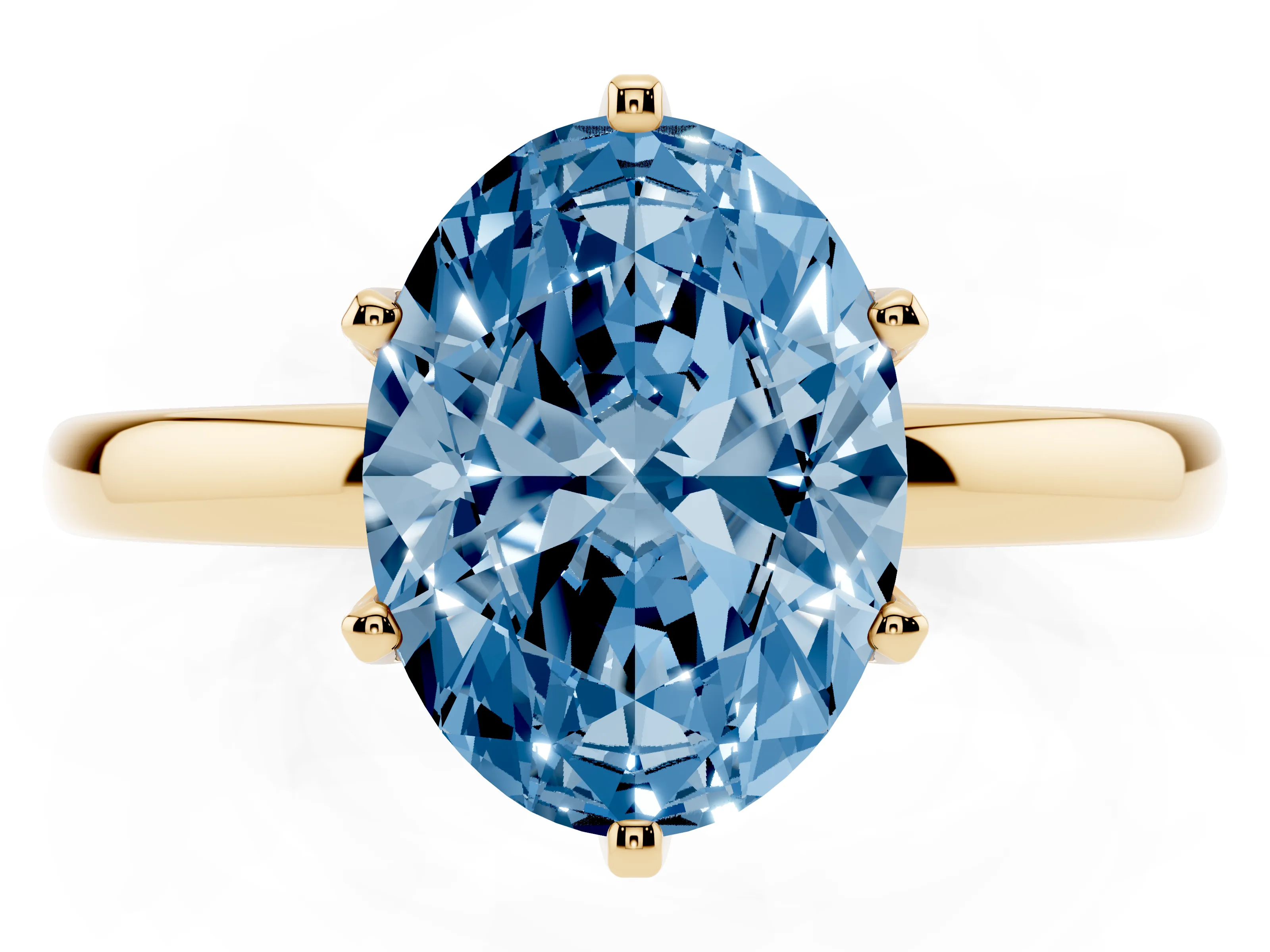 Fancy Blue Oval Cut Diamond Solitaire Ring Set in Yellow gold with Raised Prong Setting on a Classic Band