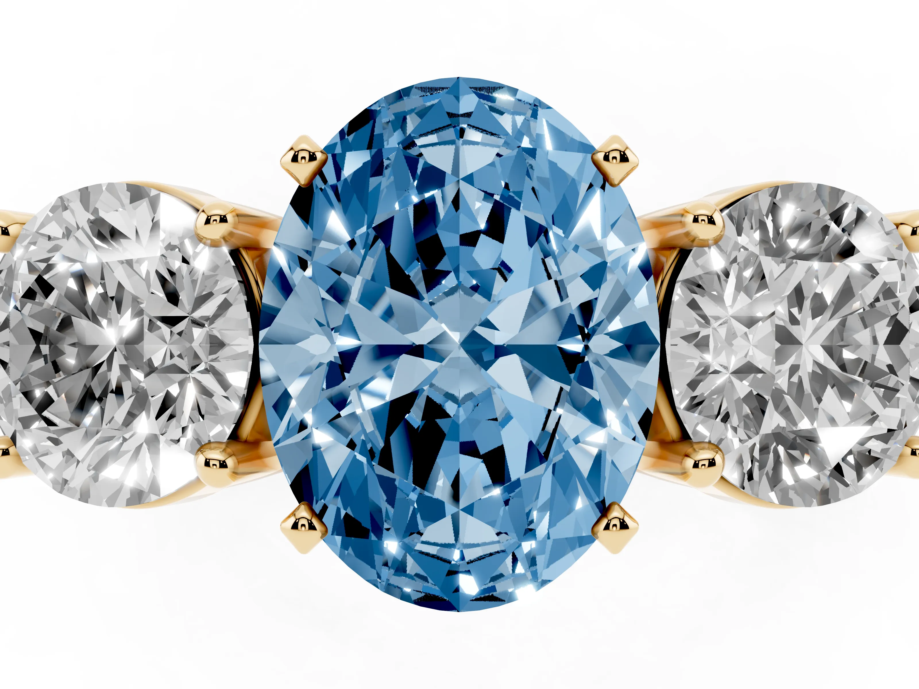 Fancy Blue Oval Cut Diamond Three-Stone Ring Set in Yellow gold with Round Side Stones and Classic Band