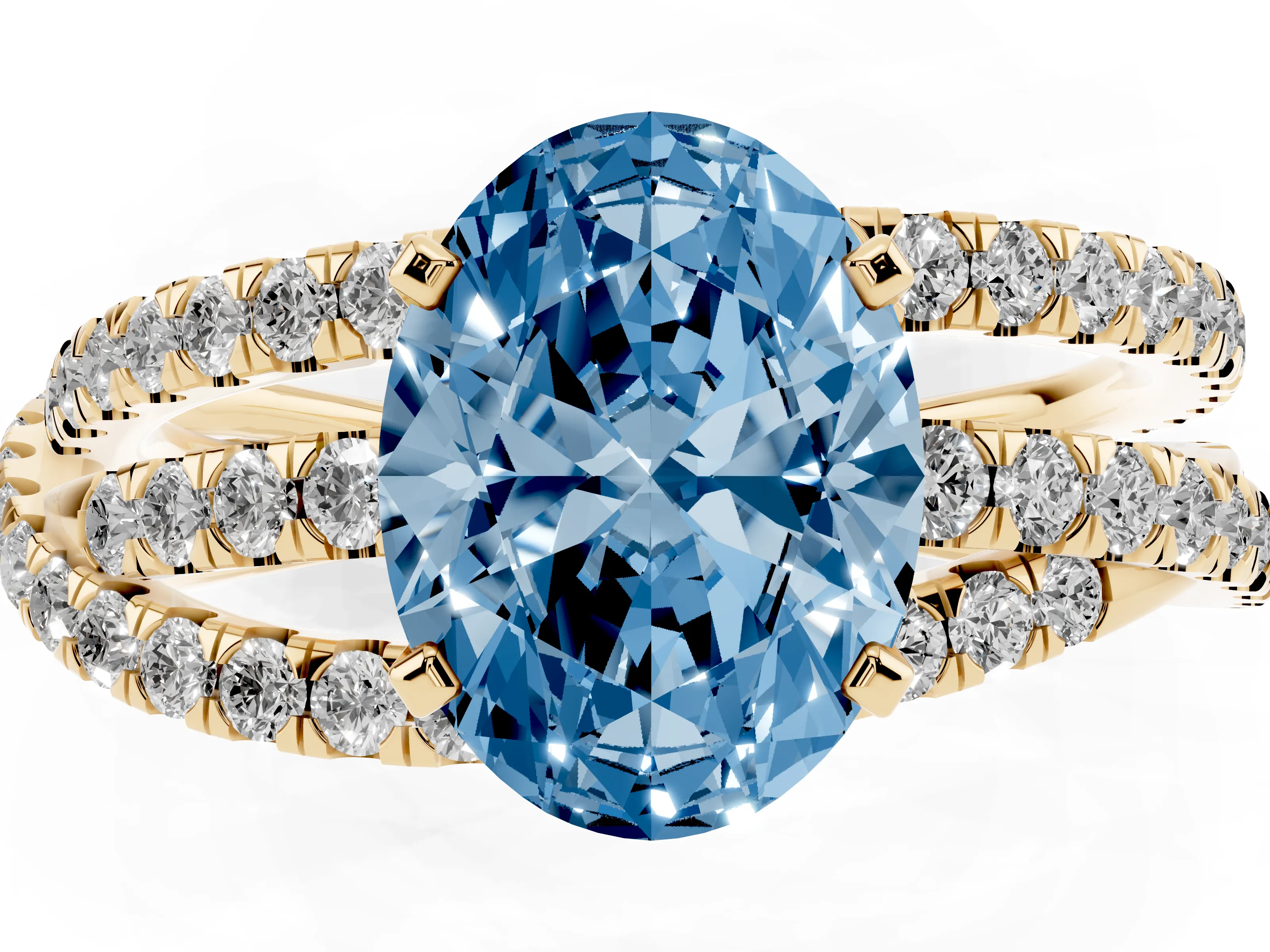 Fancy Blue Oval Cut Diamond Solitaire Twist Band Ring Set in Yellow gold with Pavé Setting and Prong Head