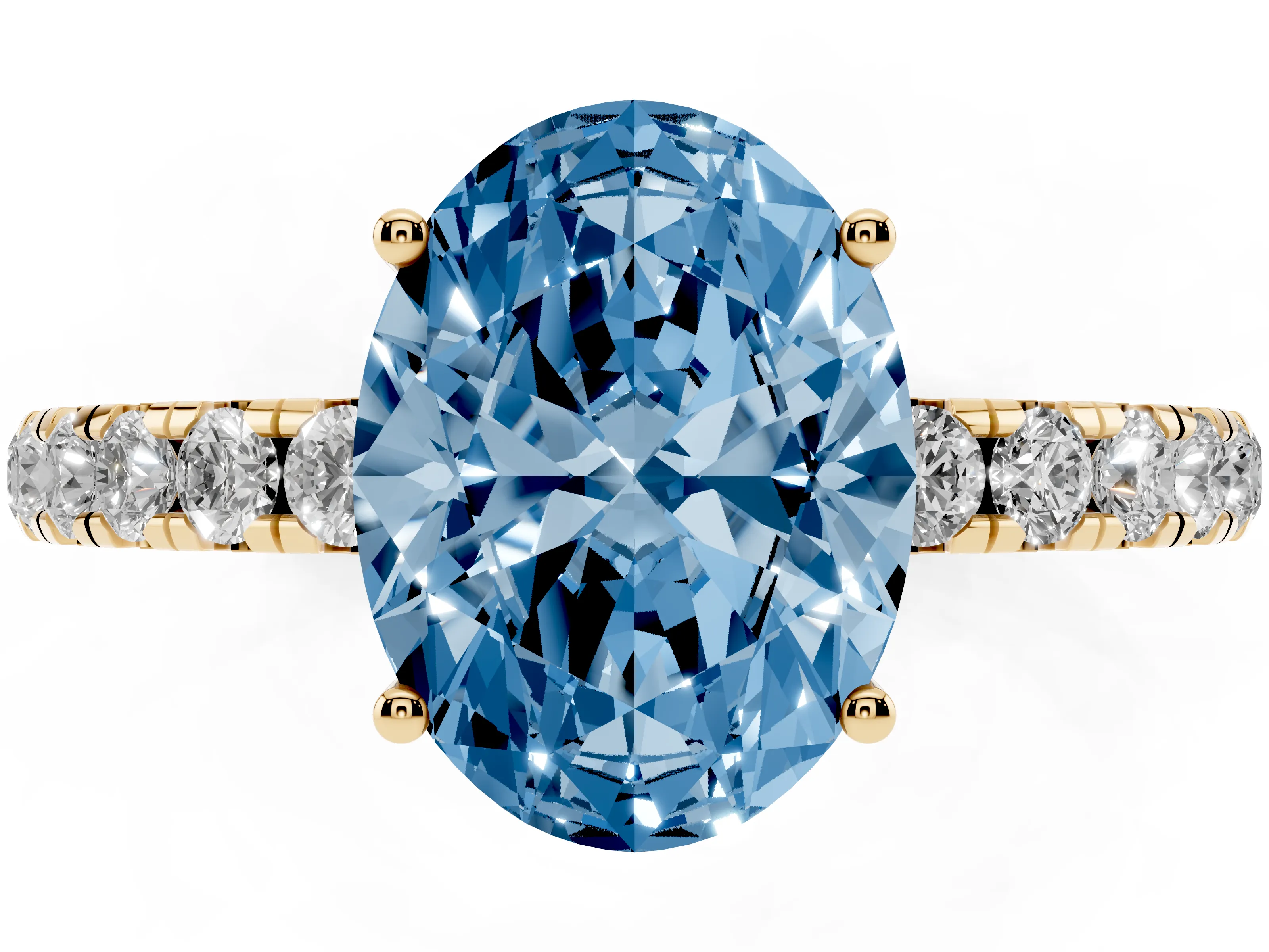 Fancy Blue Oval Cut Diamond Pavé Solitaire Engagement Ring Set in Yellow gold with Prong Setting