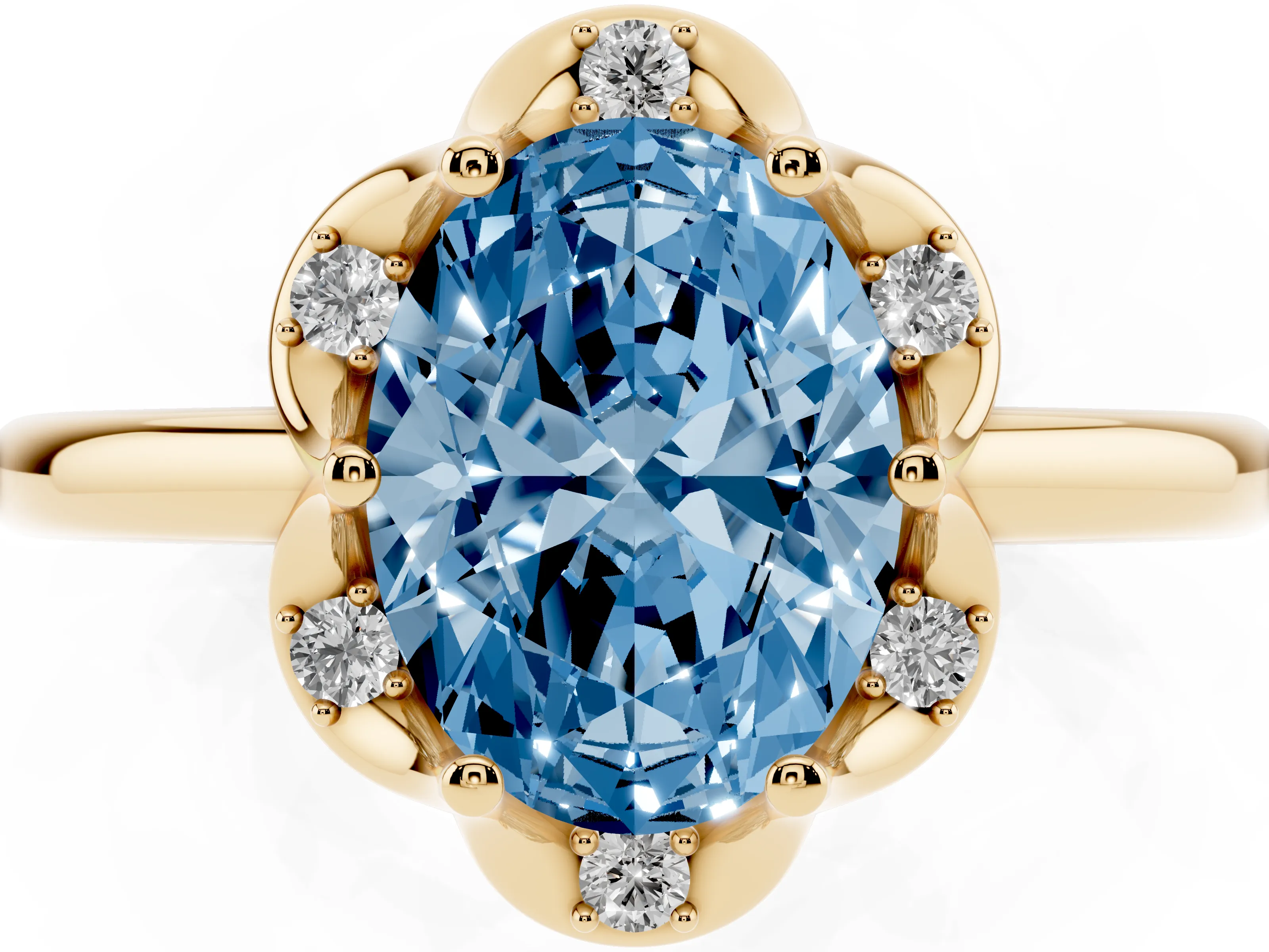 Fancy Blue Oval Cut Diamond Round Cluster Halo Ring Set in Yellow gold with Solitaire Band and Prong Setting