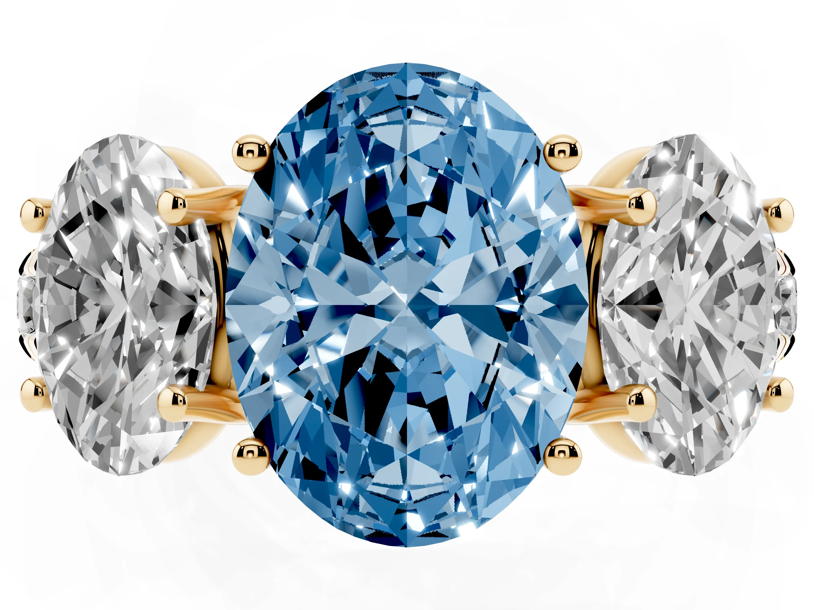 Fancy Blue Oval Cut Diamond Three-Stone Ring Set in Yellow gold with Pavé Band