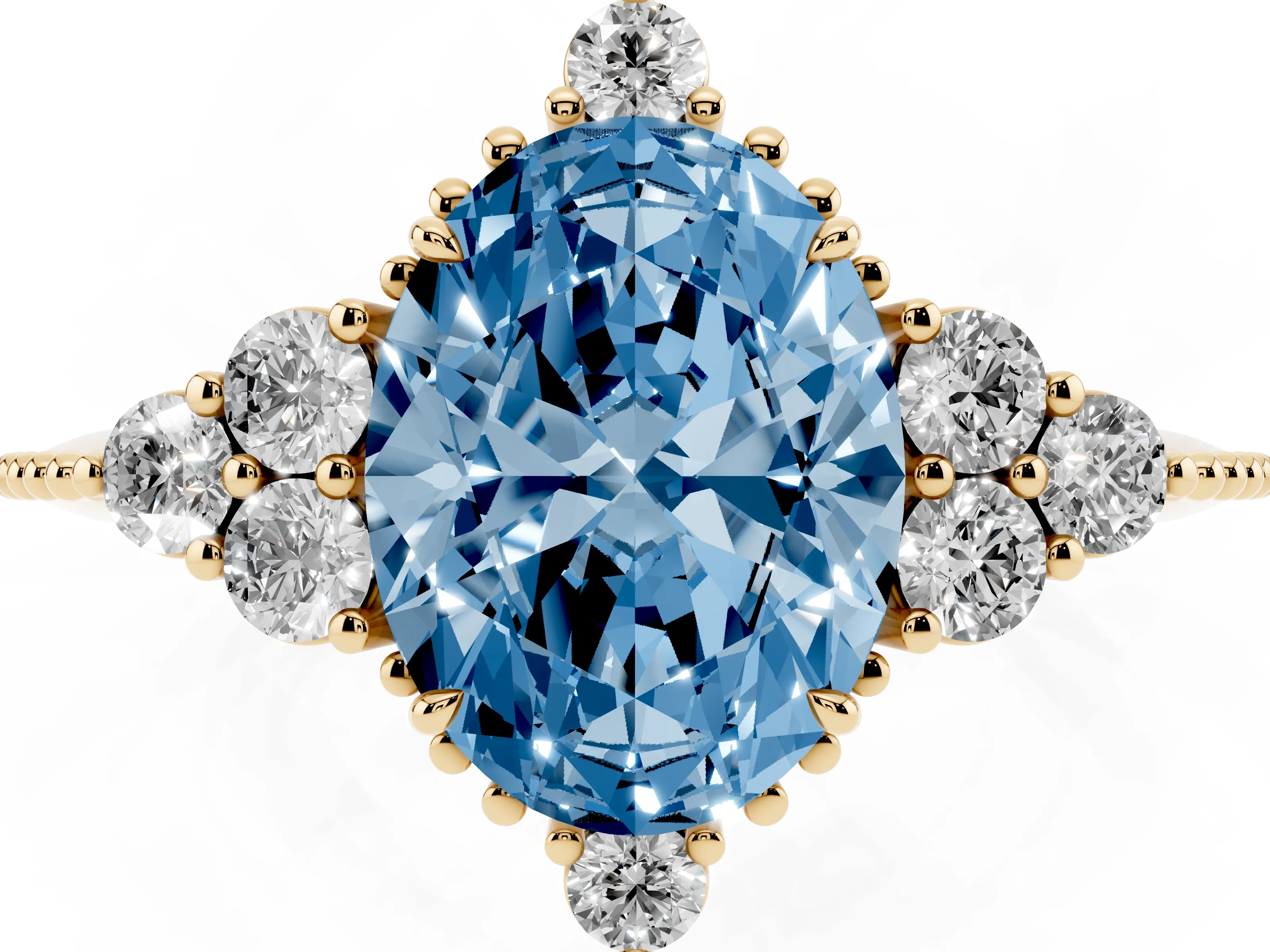 Fancy Blue Oval Cut Diamond Cluster Ring Set in Yellow gold with Beaded Band