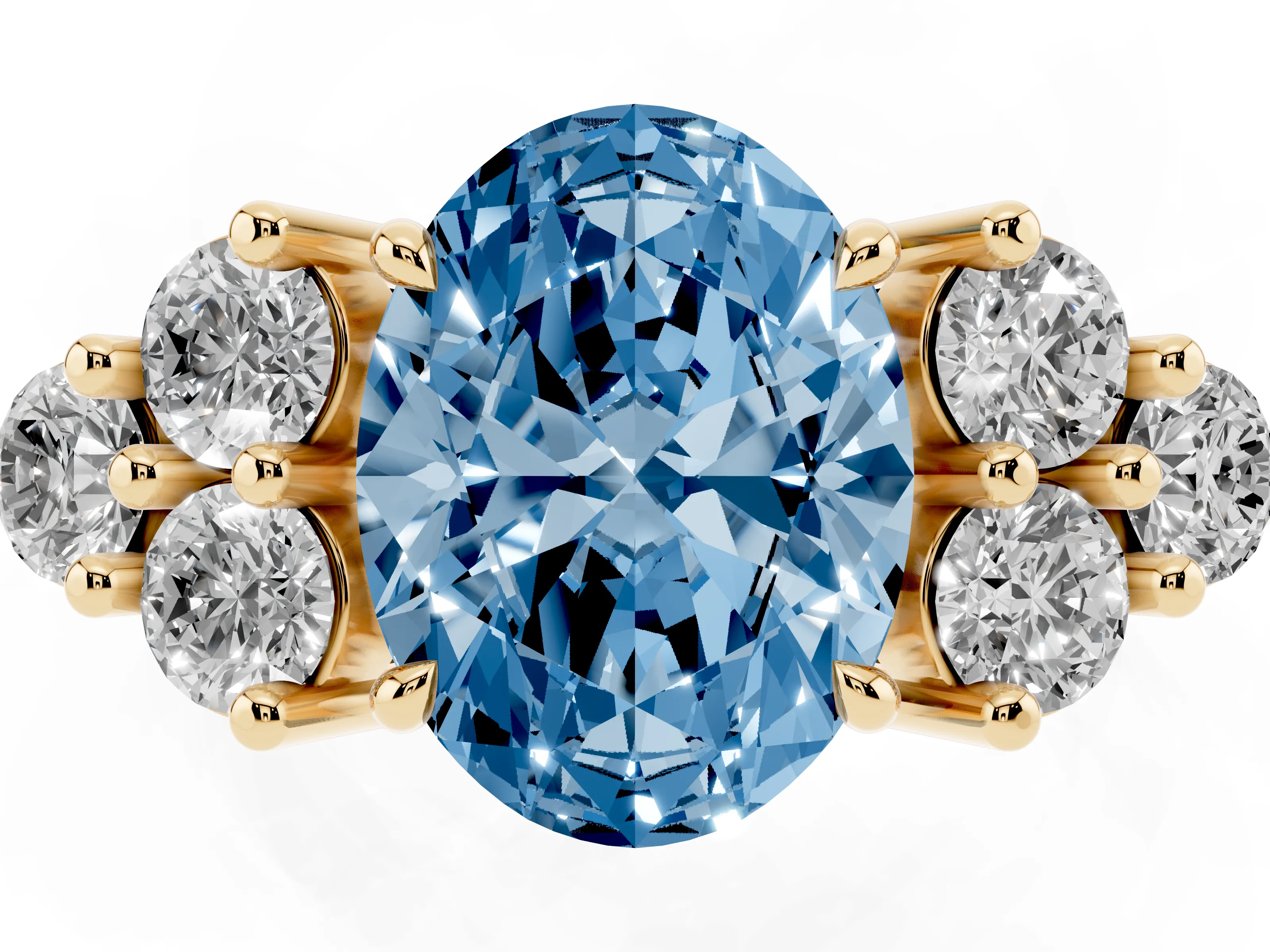 Fancy Blue Oval Cut Diamond Solitaire Ring Set in Yellow gold with Cluster Accents on Each Side
