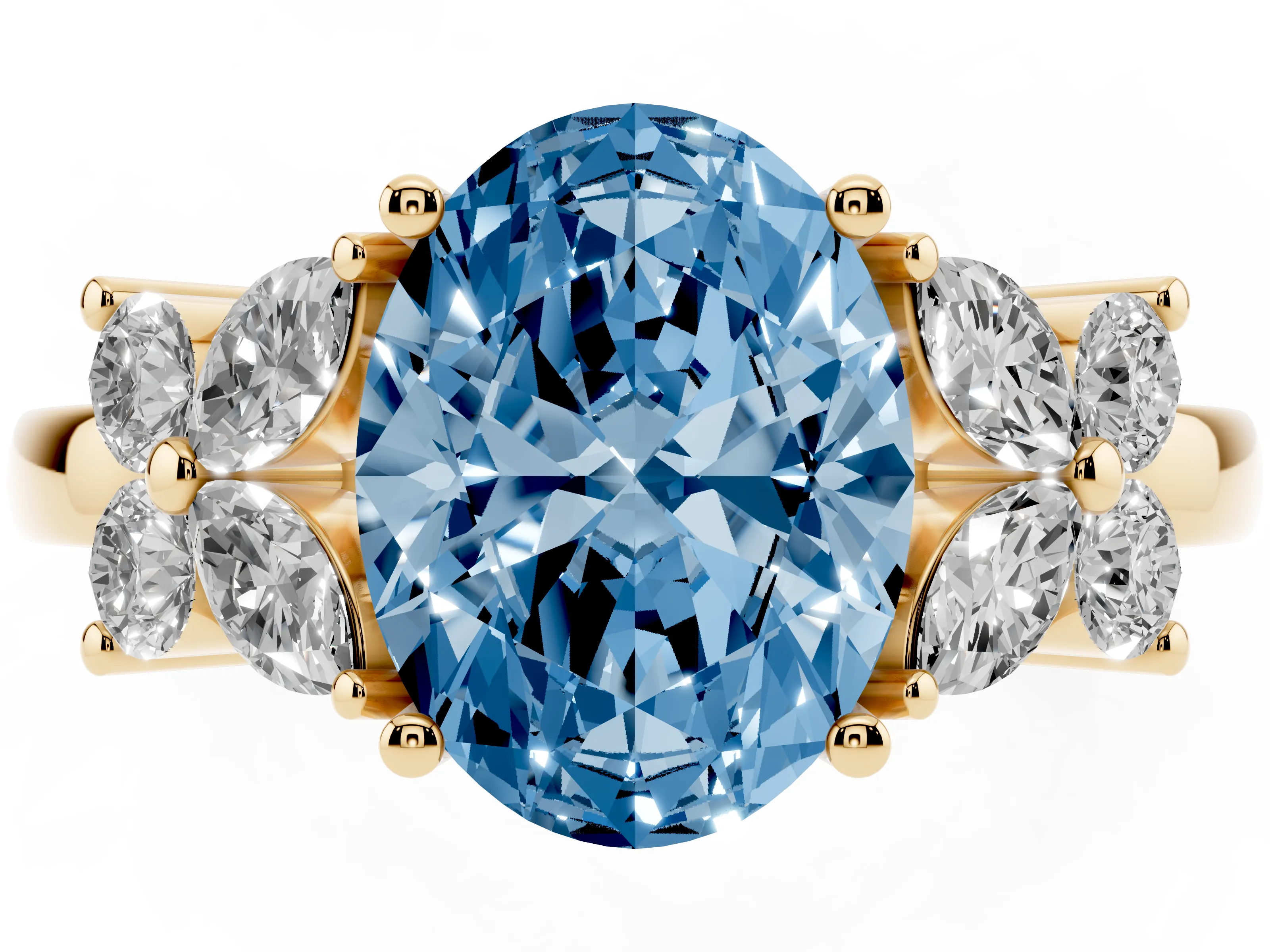 Fancy Blue Oval Cut Diamond Floral Cluster Ring Set in Yellow gold with Marquise Petals and Prong Setting