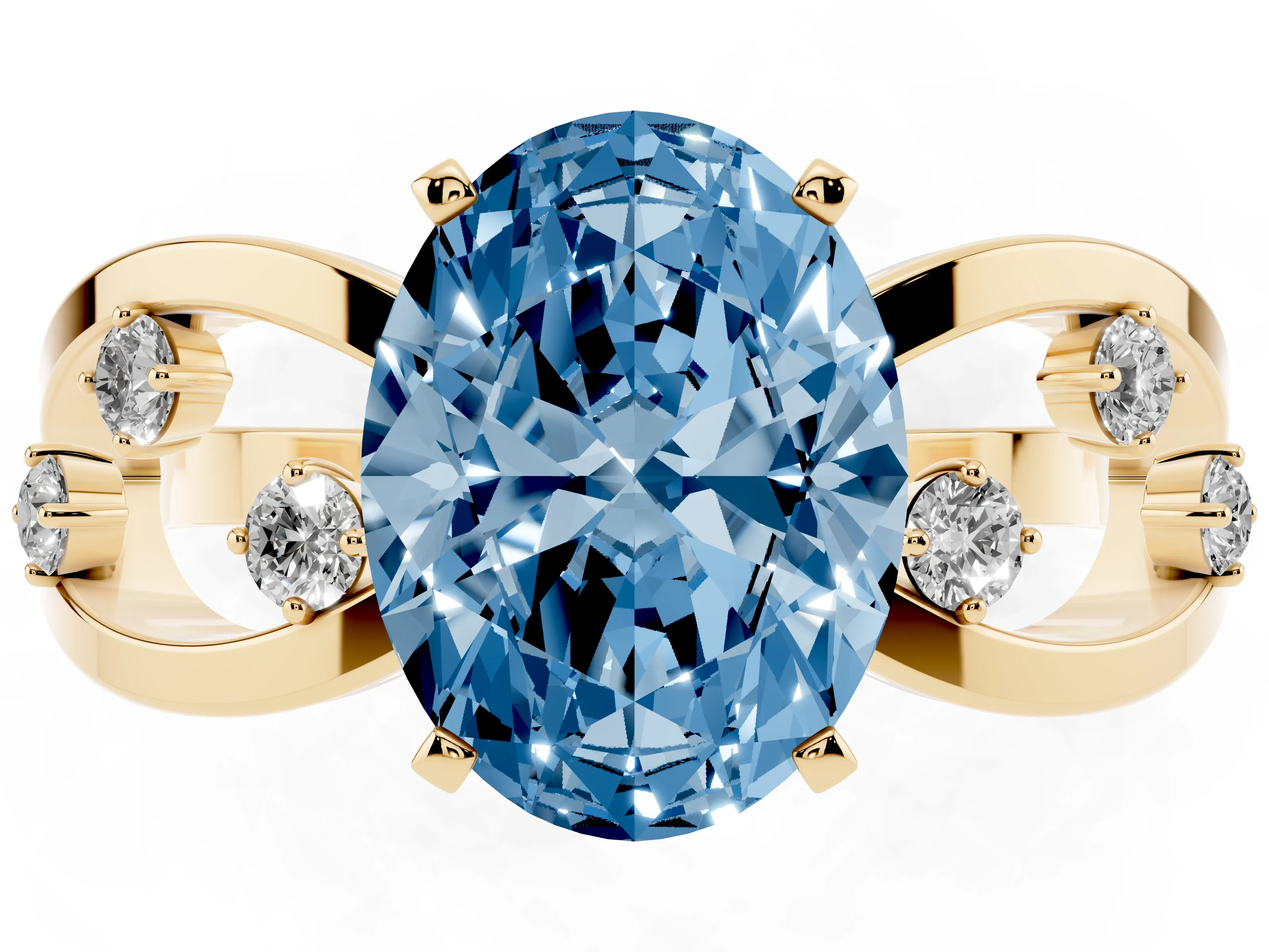 Fancy Blue Oval Cut Diamond Solitaire Ring Set in Yellow gold with Side Stones on Criss-Cross Band and Prong Setting