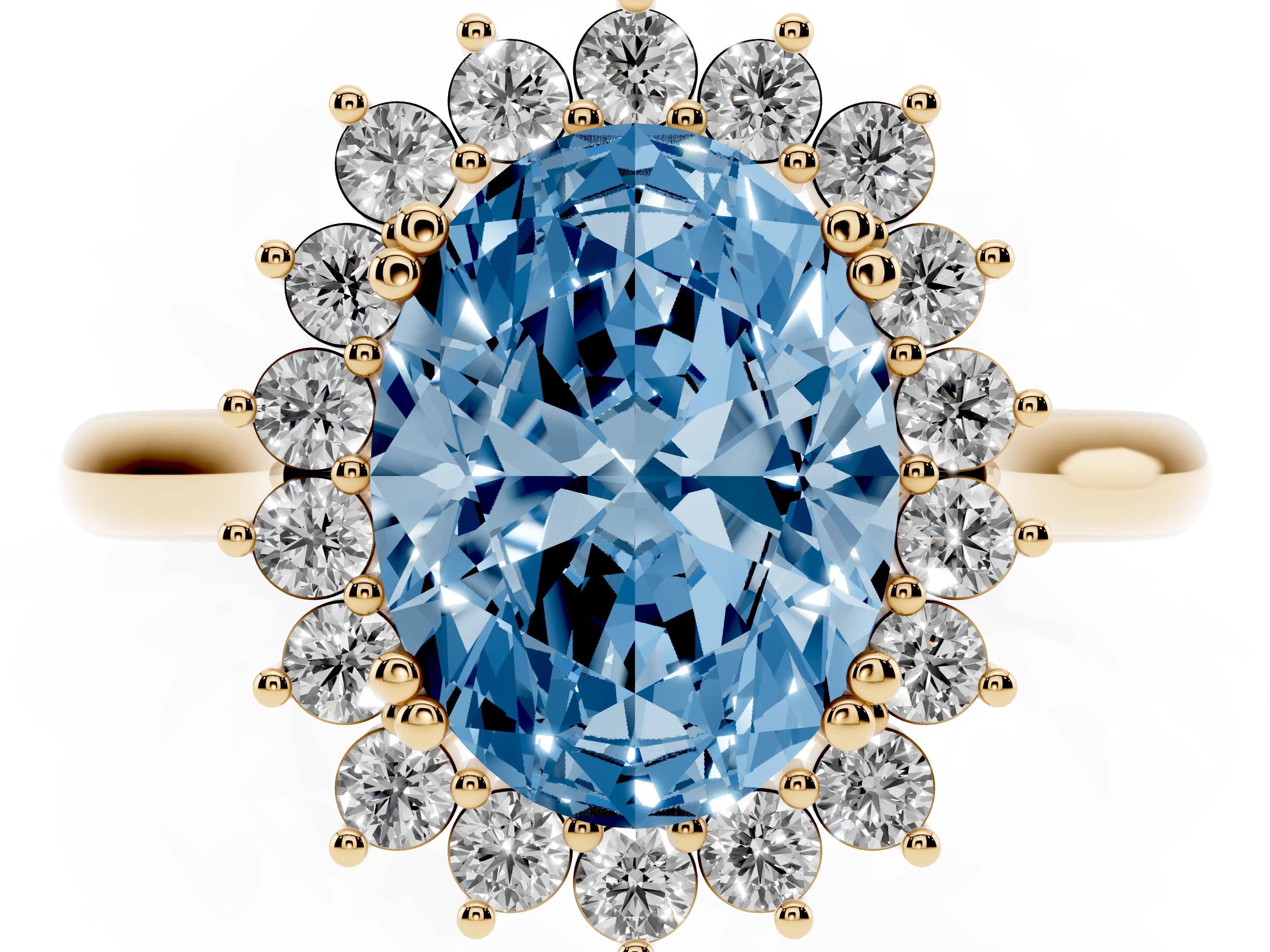 Fancy Blue Oval Cut Diamond Halo Ring Set in Yellow gold with Plain Solitaire Band and Prong Setting