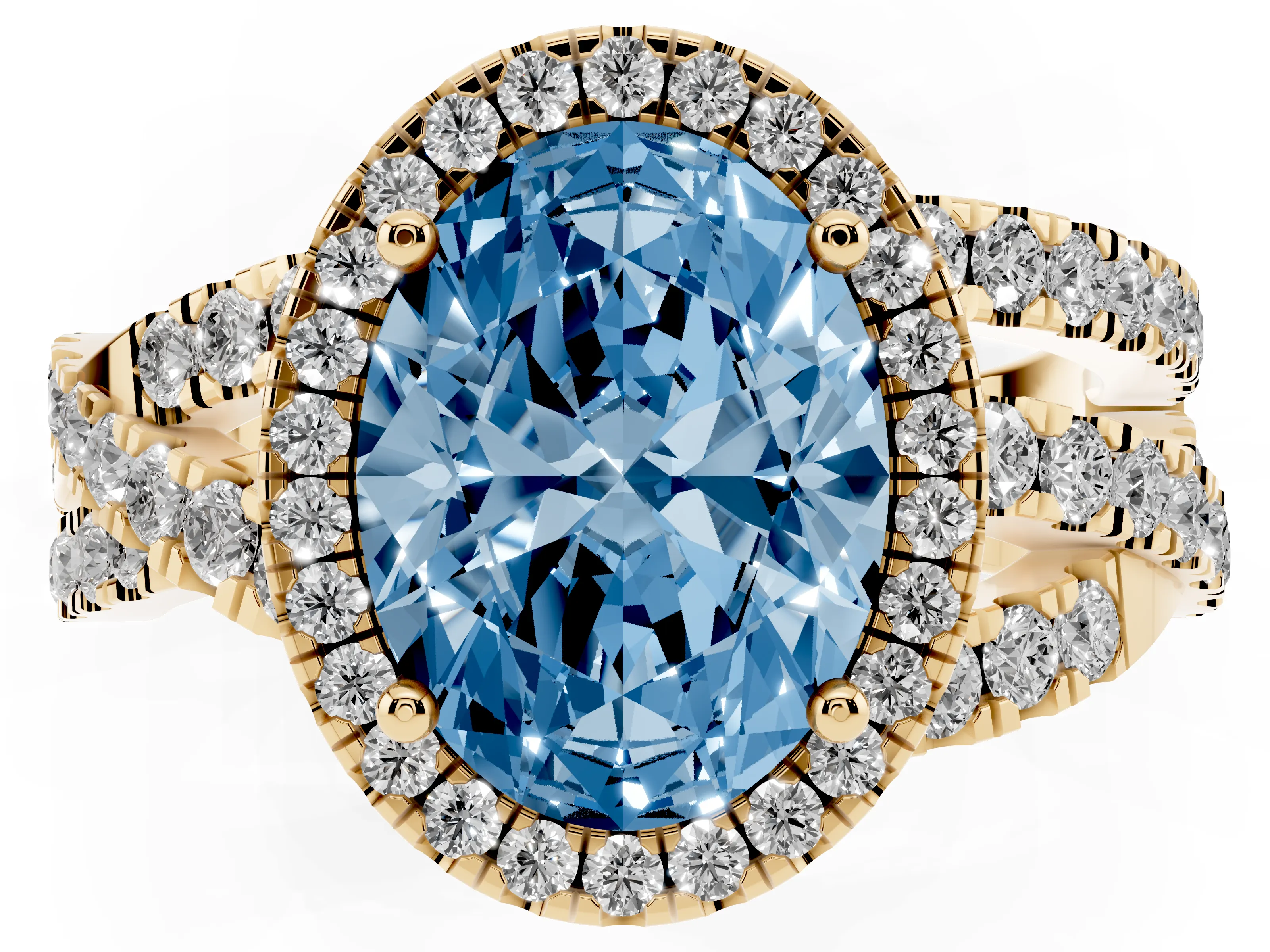 Fancy Blue Oval Cut Diamond Halo Ring Set in Yellow gold with Round Crossover Split Shank and Prong Setting