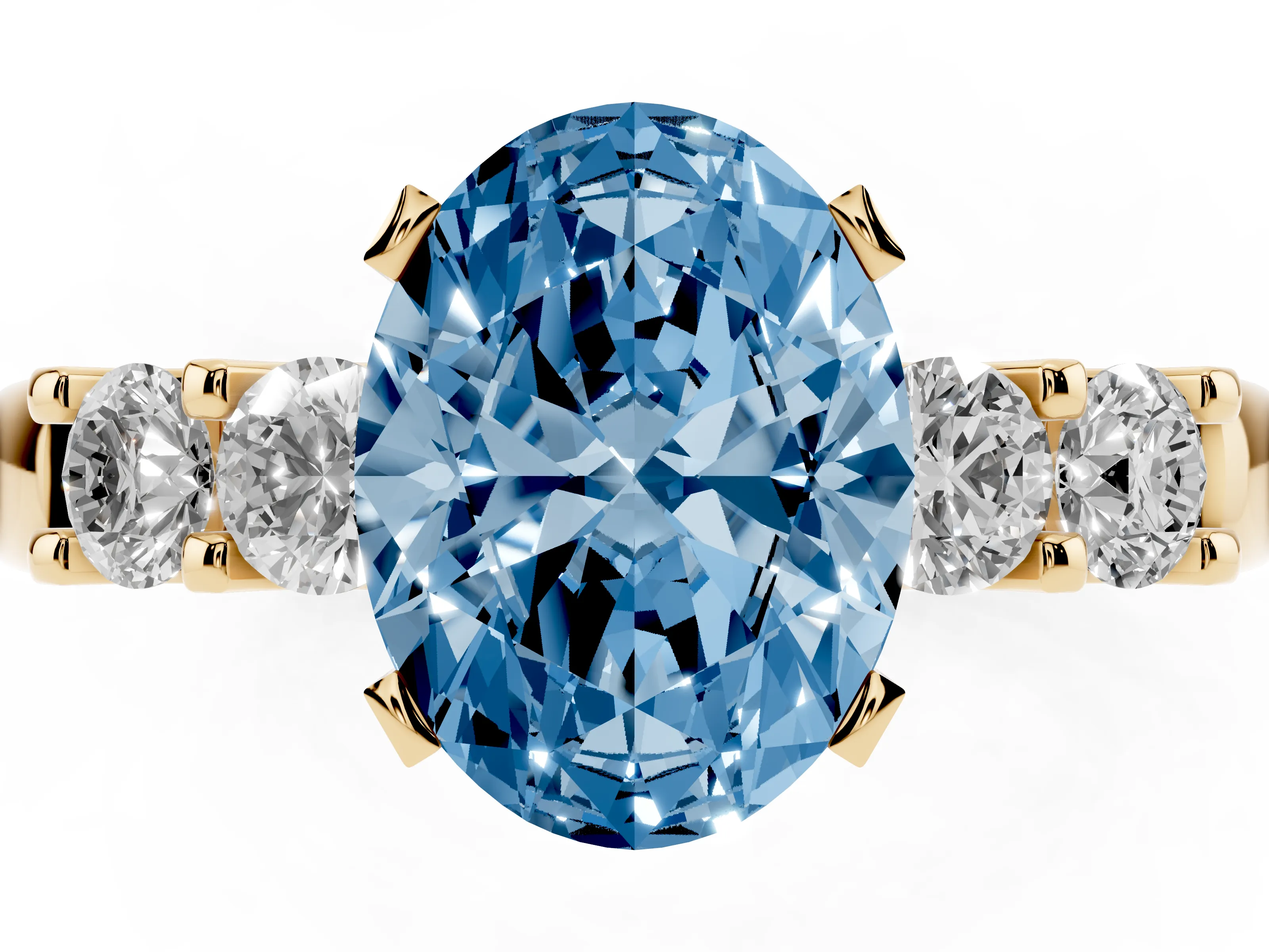 Fancy Blue Oval Cut Diamond Five-Stone Prong Set Engagement Ring Set in Yellow gold with Channel Band