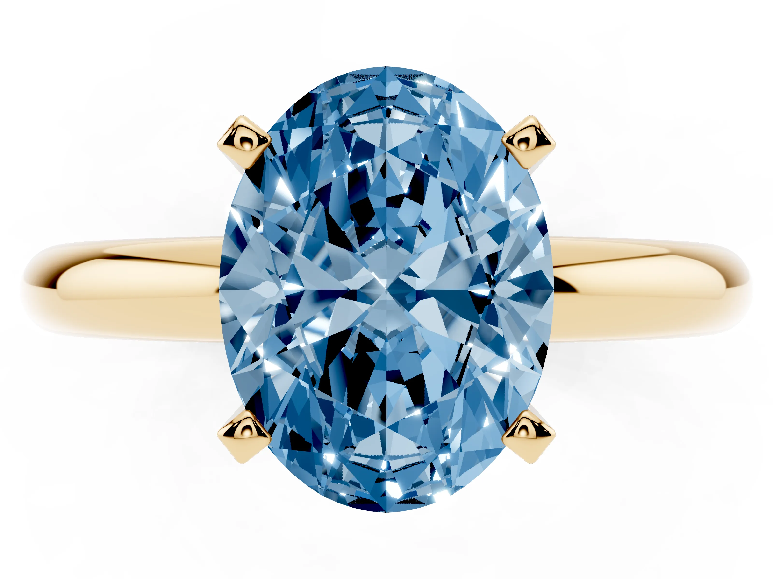 Fancy Blue Oval Cut Diamond Solitaire Engagement Ring Set in Yellow gold with Round Band and Prong Setting