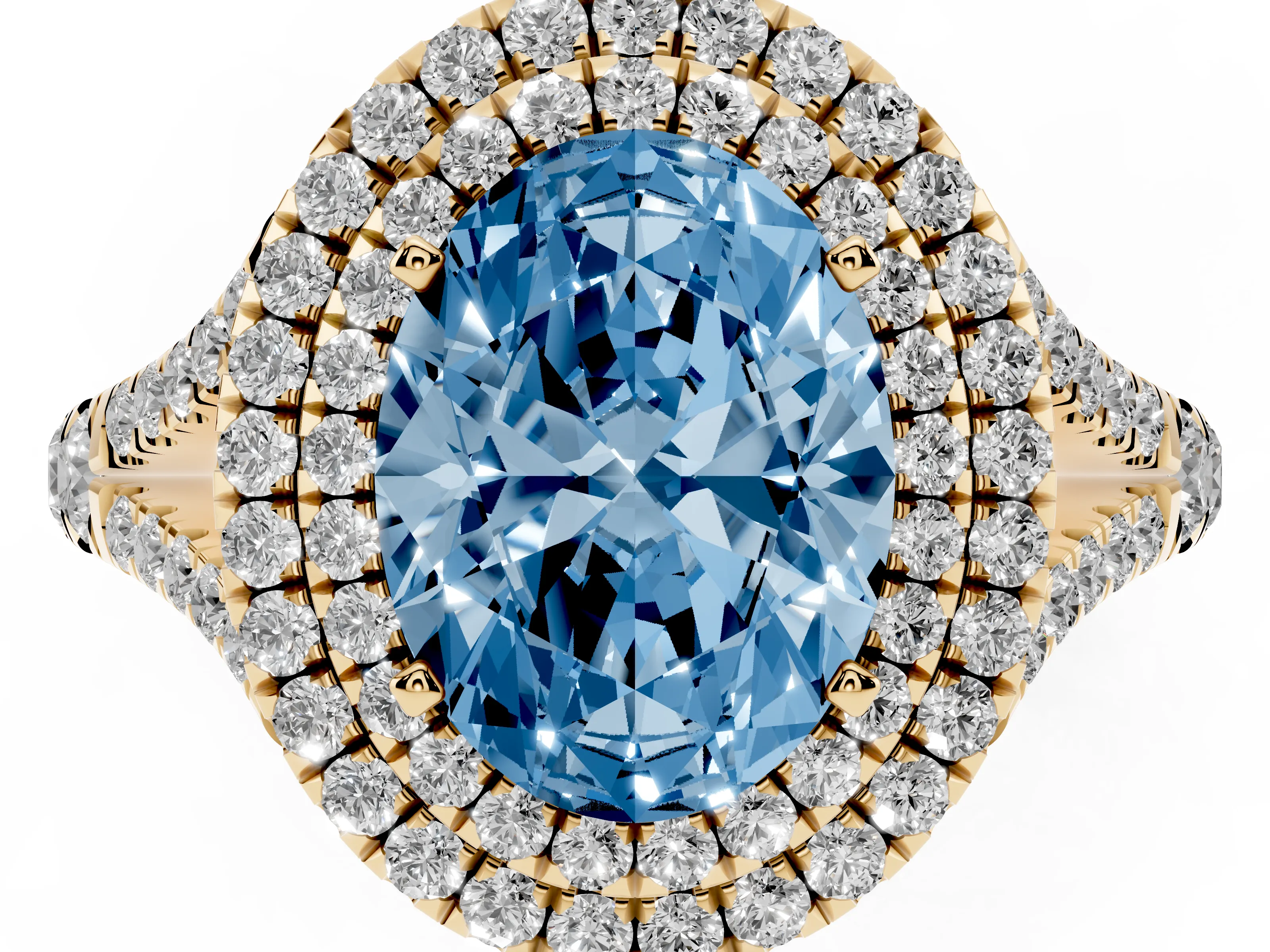 Fancy Blue Oval Cut Diamond Pavé Split Shank Double Halo Engagement Ring Set in Yellow gold