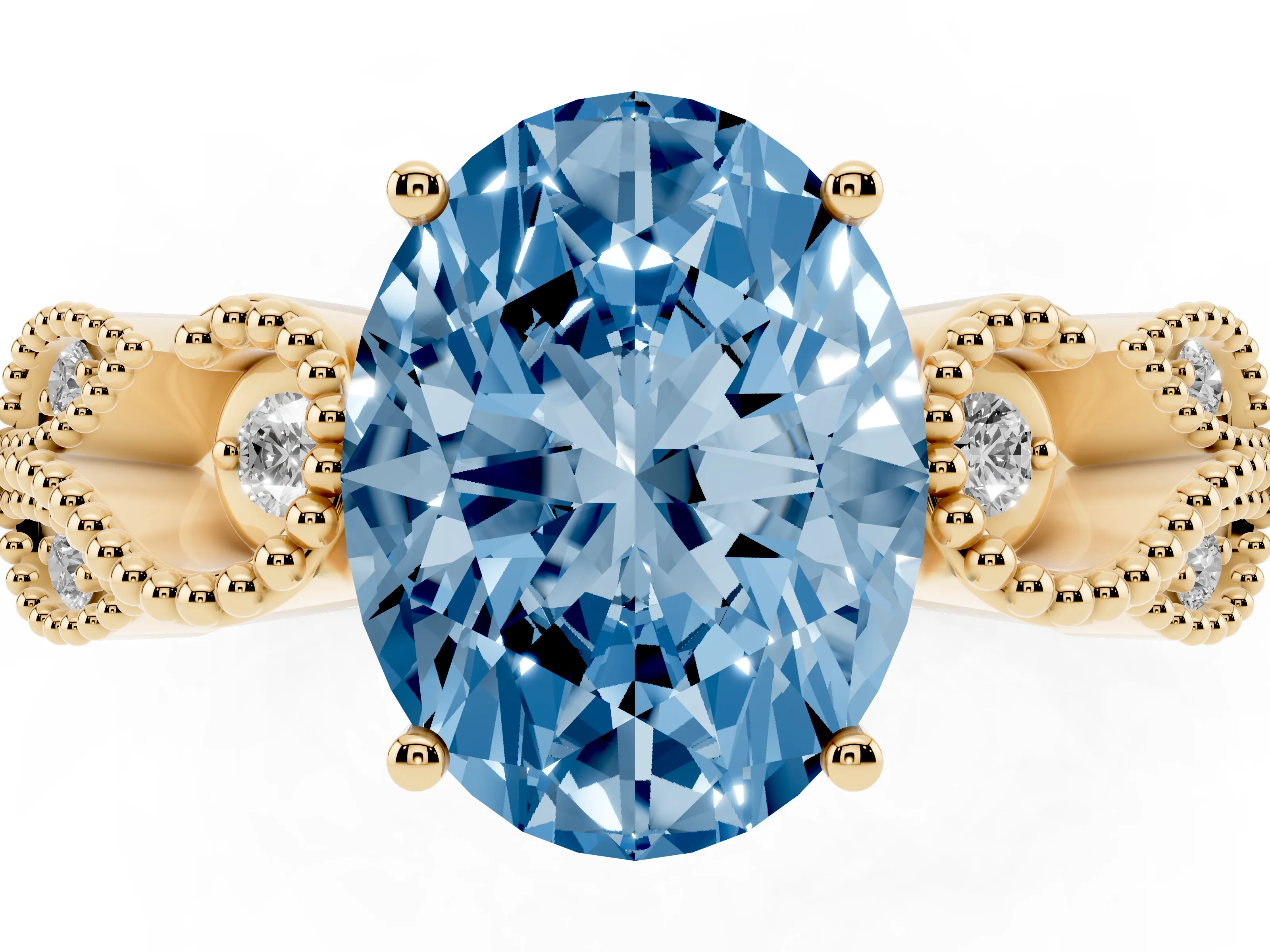 Fancy Blue Oval Cut Diamond Milgrain Leaf Band Solitaire Ring Set in Yellow gold with Accent Stones and Prong Setting