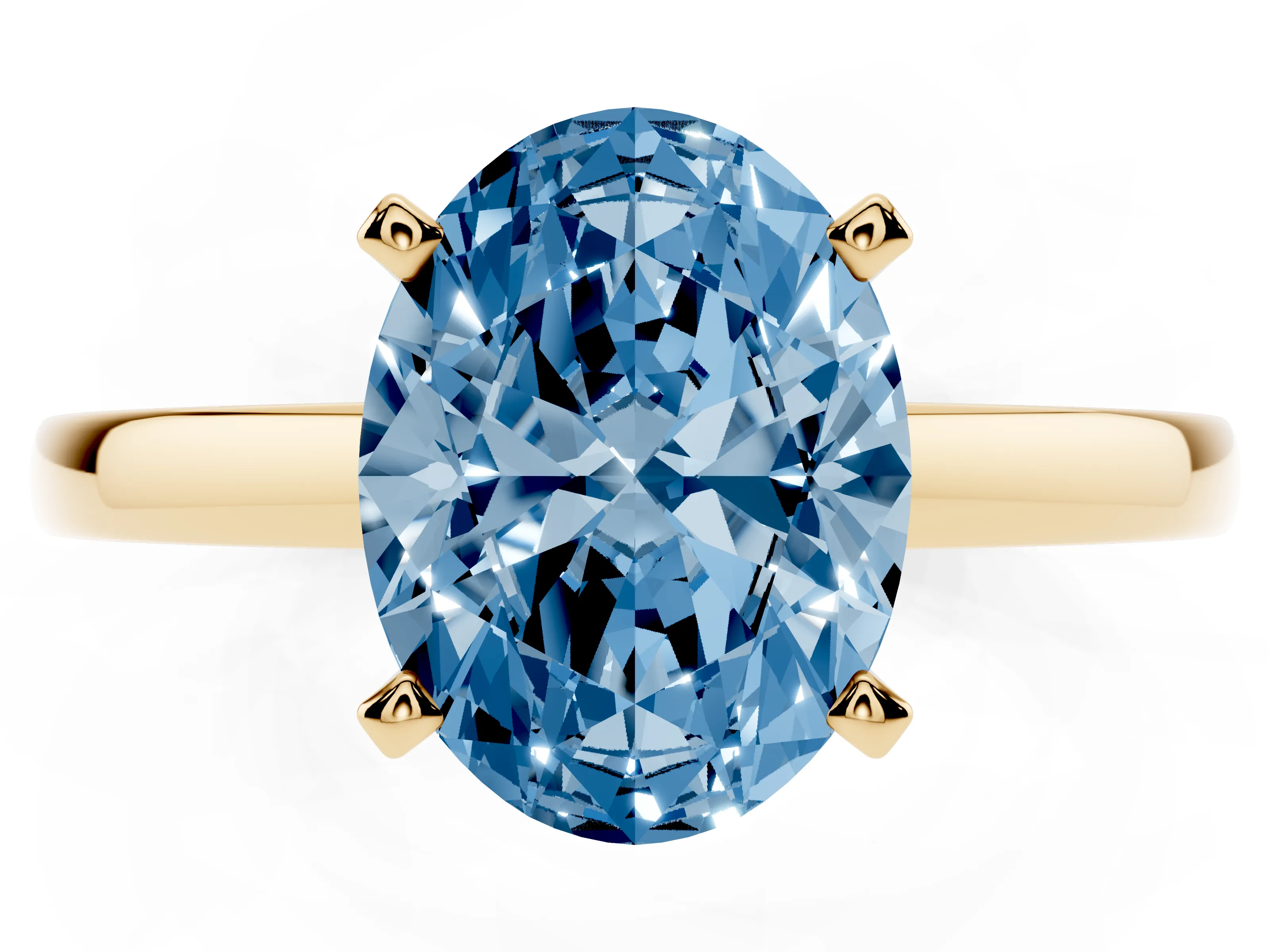 Fancy Blue Oval Cut Diamond Solitaire Engagement Ring Set in Yellow gold with Prong Setting on a Classic Band