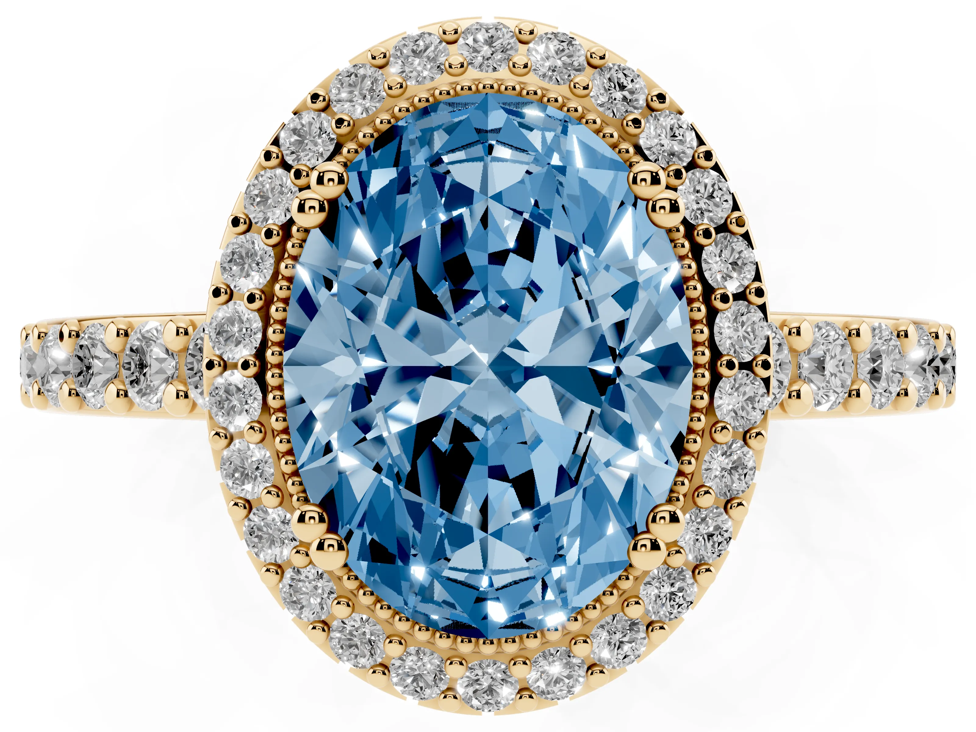 Fancy Blue Oval Cut Diamond Halo Engagement Ring Set in Yellow gold with Milgrain Detail and Pavé Band