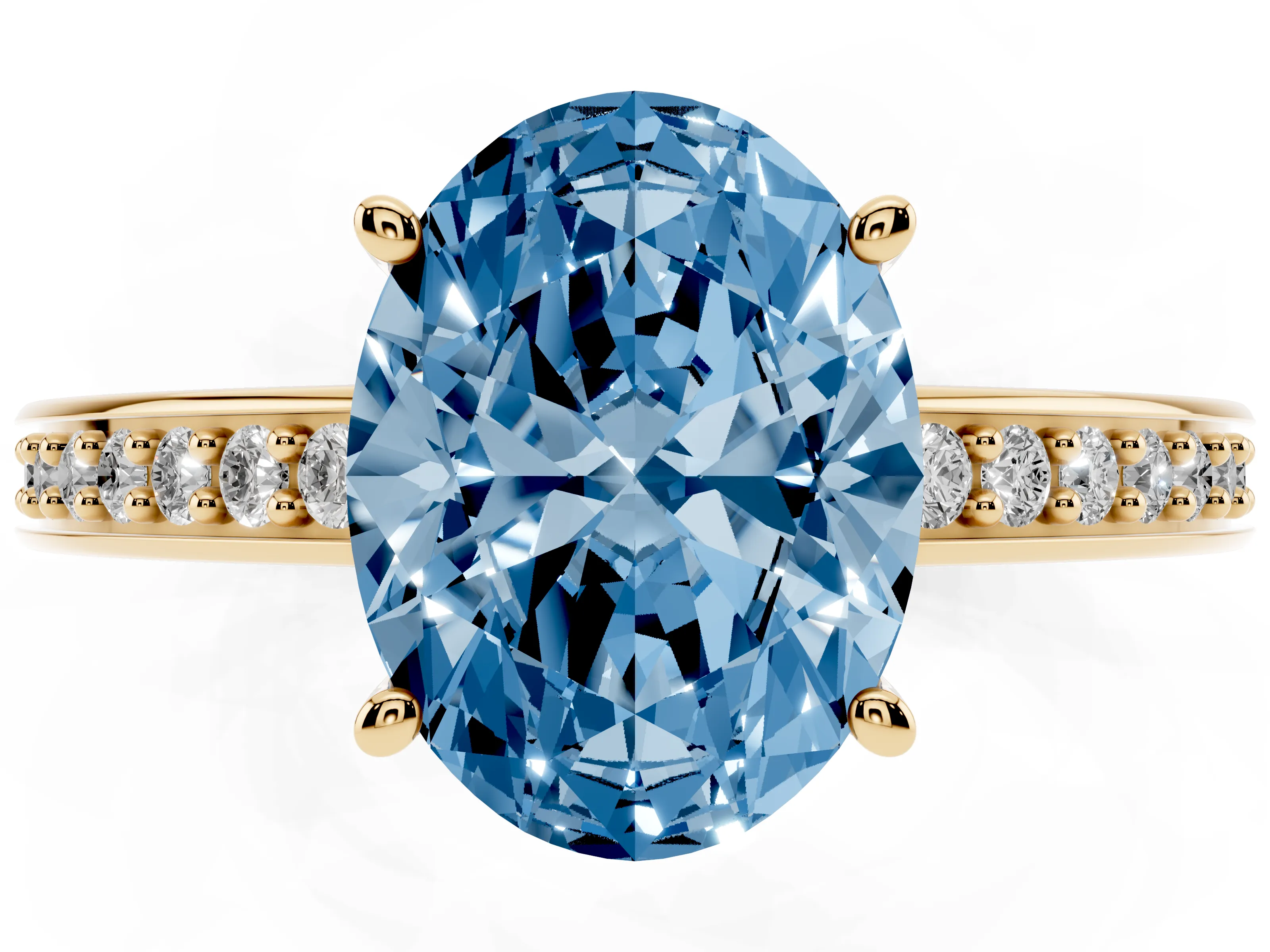 Fancy Blue Oval Cut Diamond Pavé Band Prong Set Solitaire Ring Set in Yellow gold