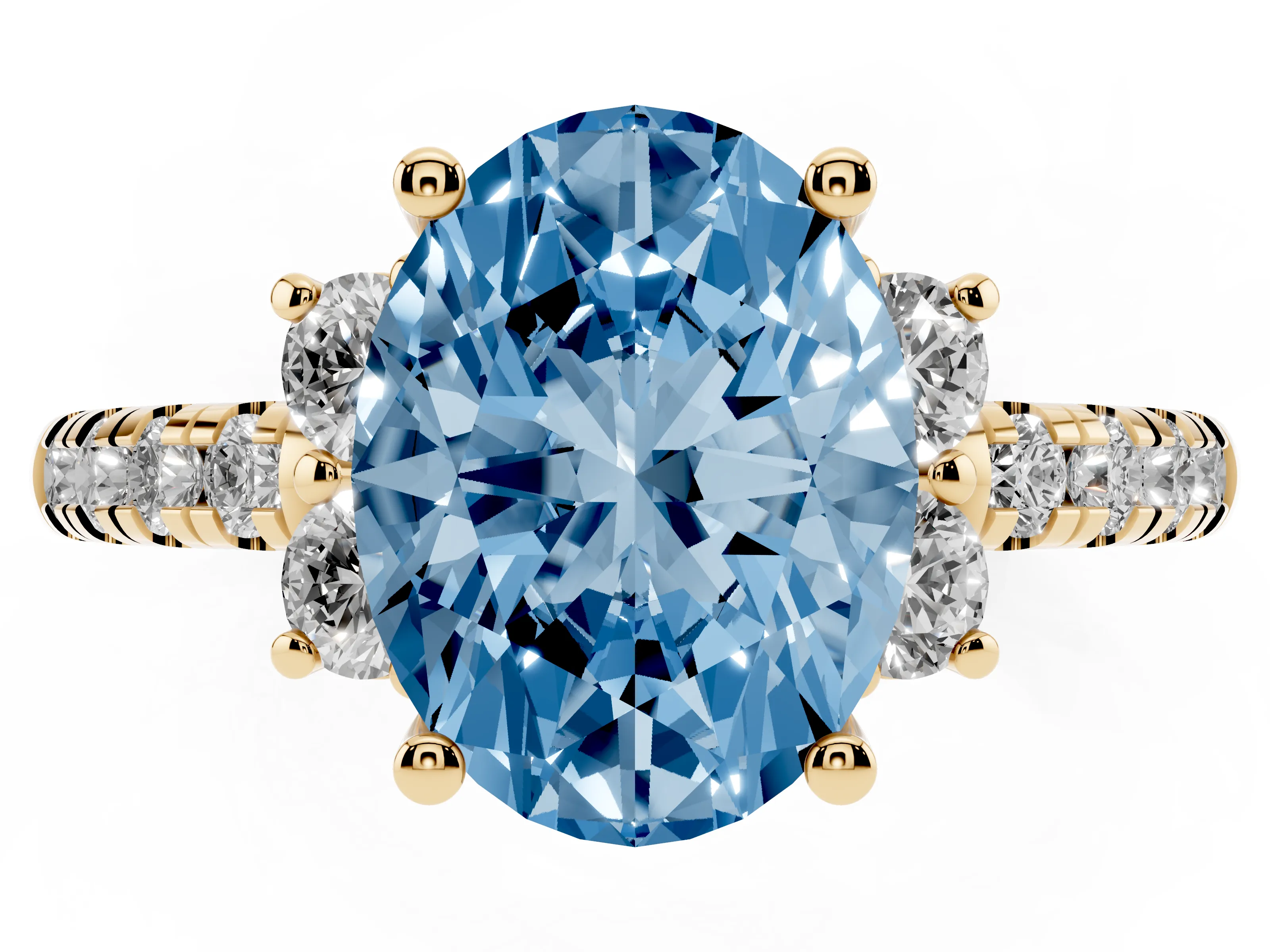 Fancy Blue Oval Cut Diamond Three-Stone Pavé Ring Set in Yellow gold with Prong Setting