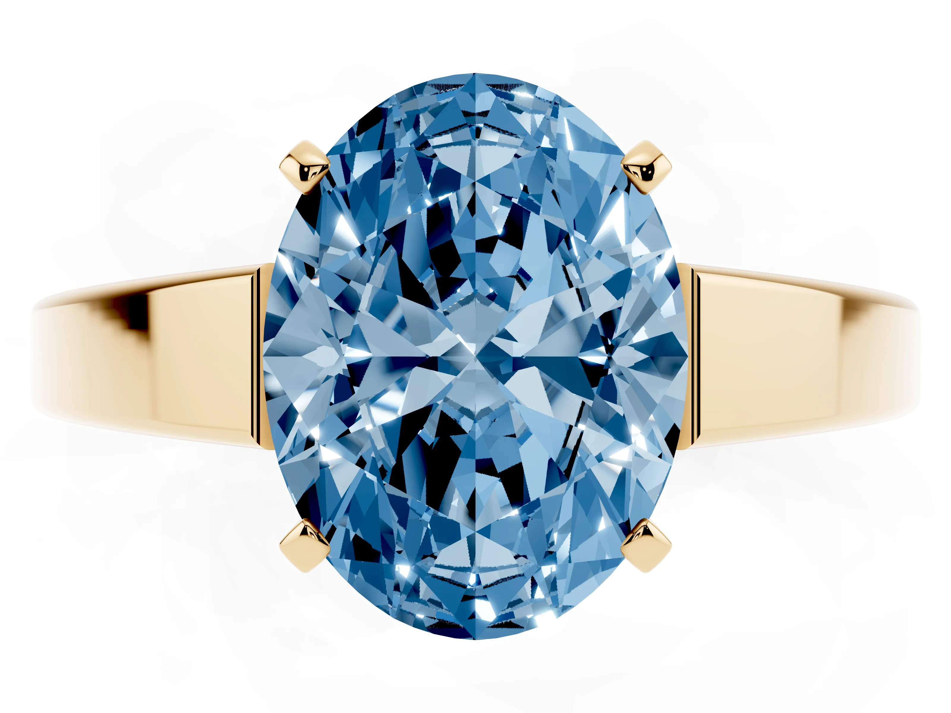 Fancy Blue Oval Cut Diamond Solitaire Engagement Ring Set in Yellow gold with Prong Setting and Tapered Band