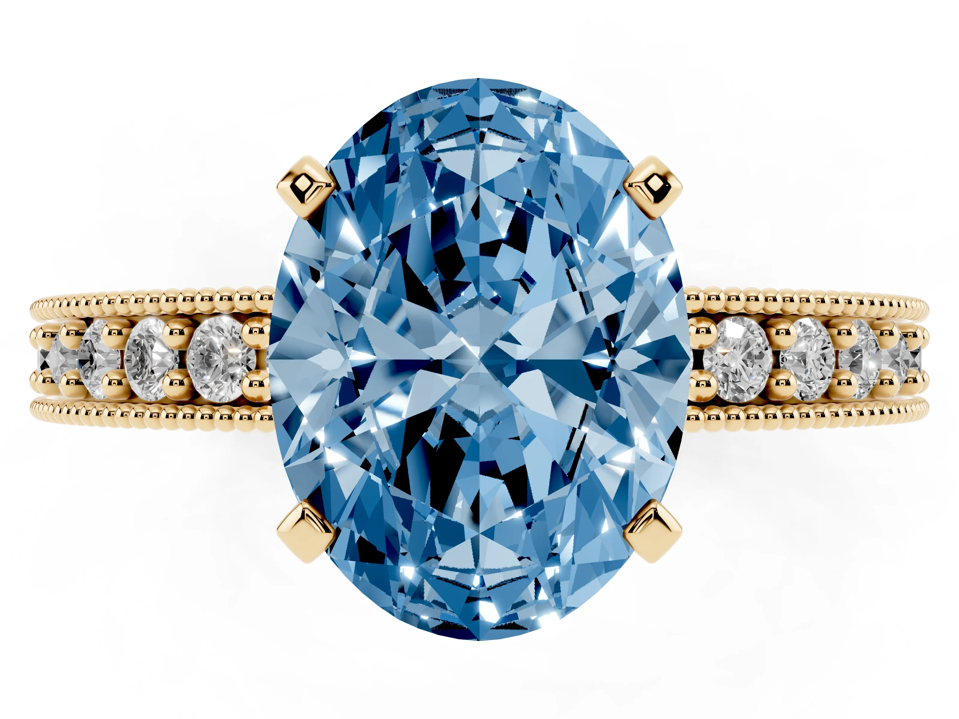 Fancy Blue Oval Cut Diamond Milgrain Pavé Engagement Ring Set in Yellow gold with Prong Setting