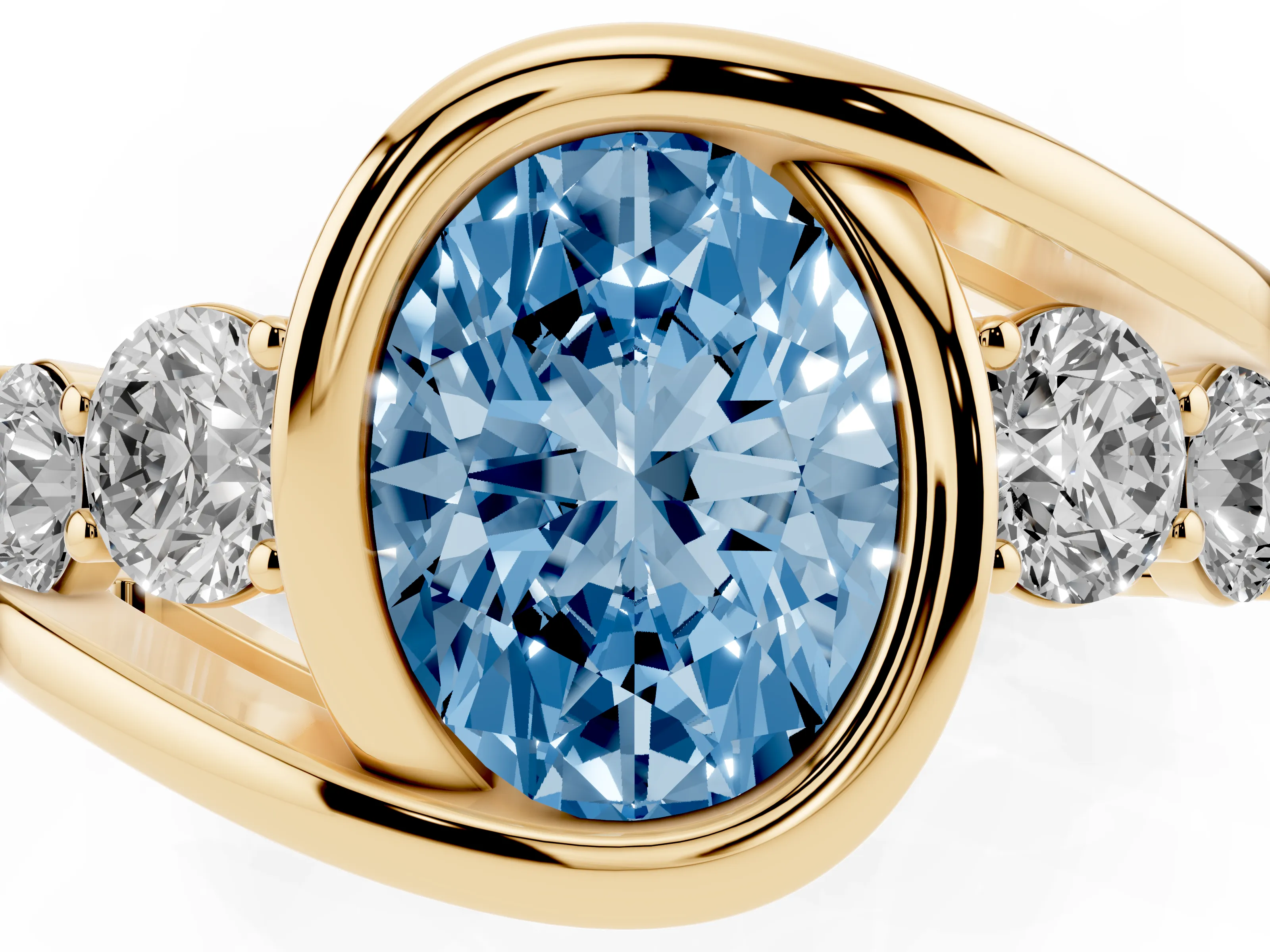Fancy Blue Oval Cut Diamond Bezel Bypass Ring Set in Yellow gold with Round Accents
