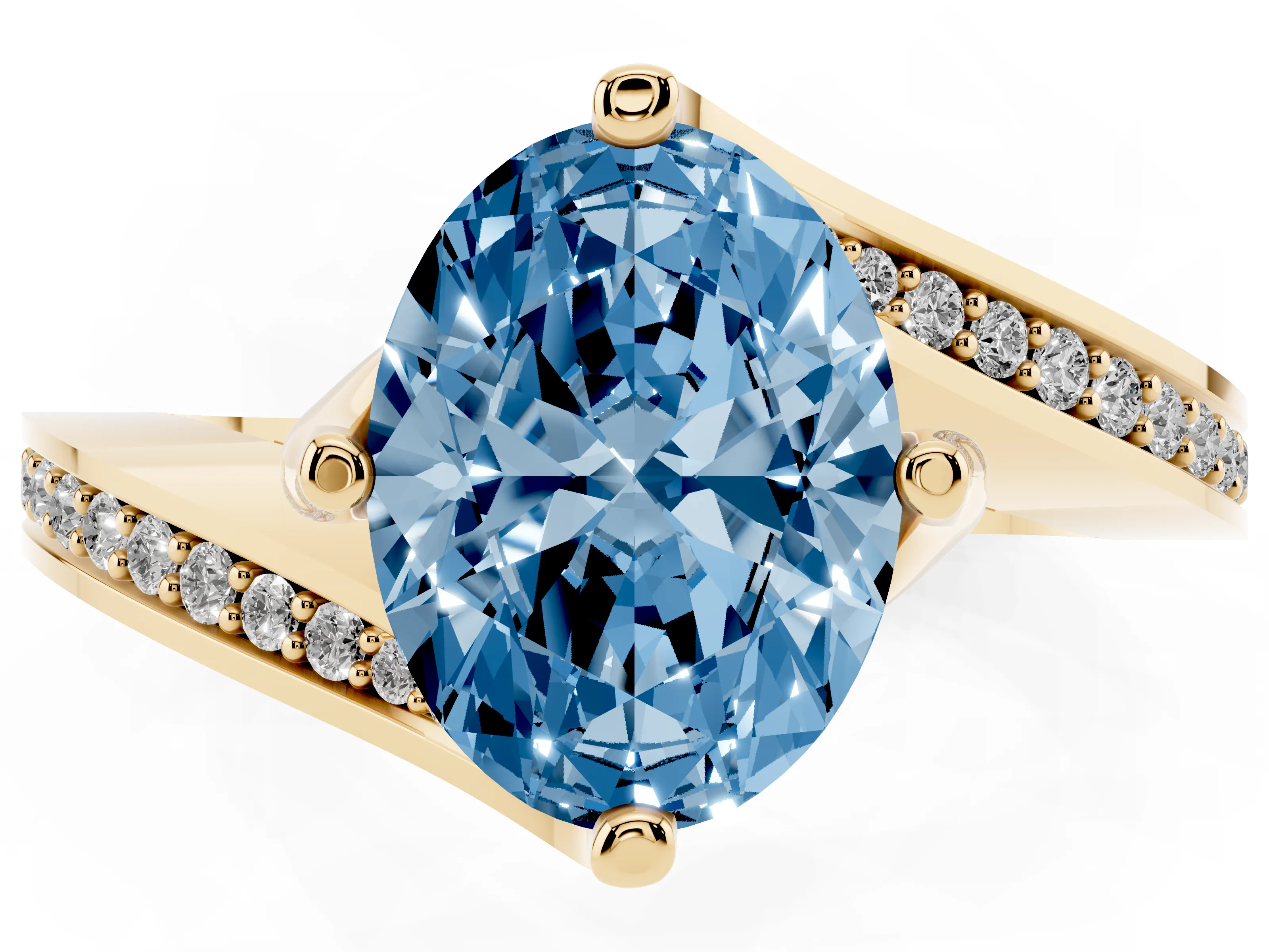 Fancy Blue Oval Cut Diamond Solitaire Ring Set in Yellow gold with Intertwined Pavé Twist Band