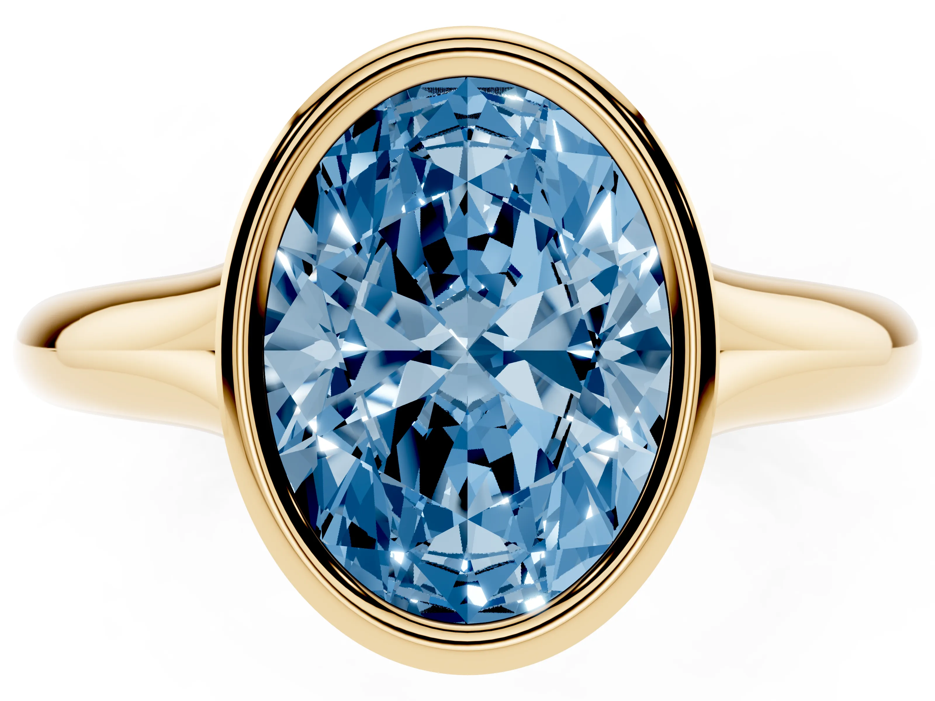 Fancy Blue Bezel Set Oval Cut Diamond Solitaire Ring Set in Yellow gold with Smooth Band