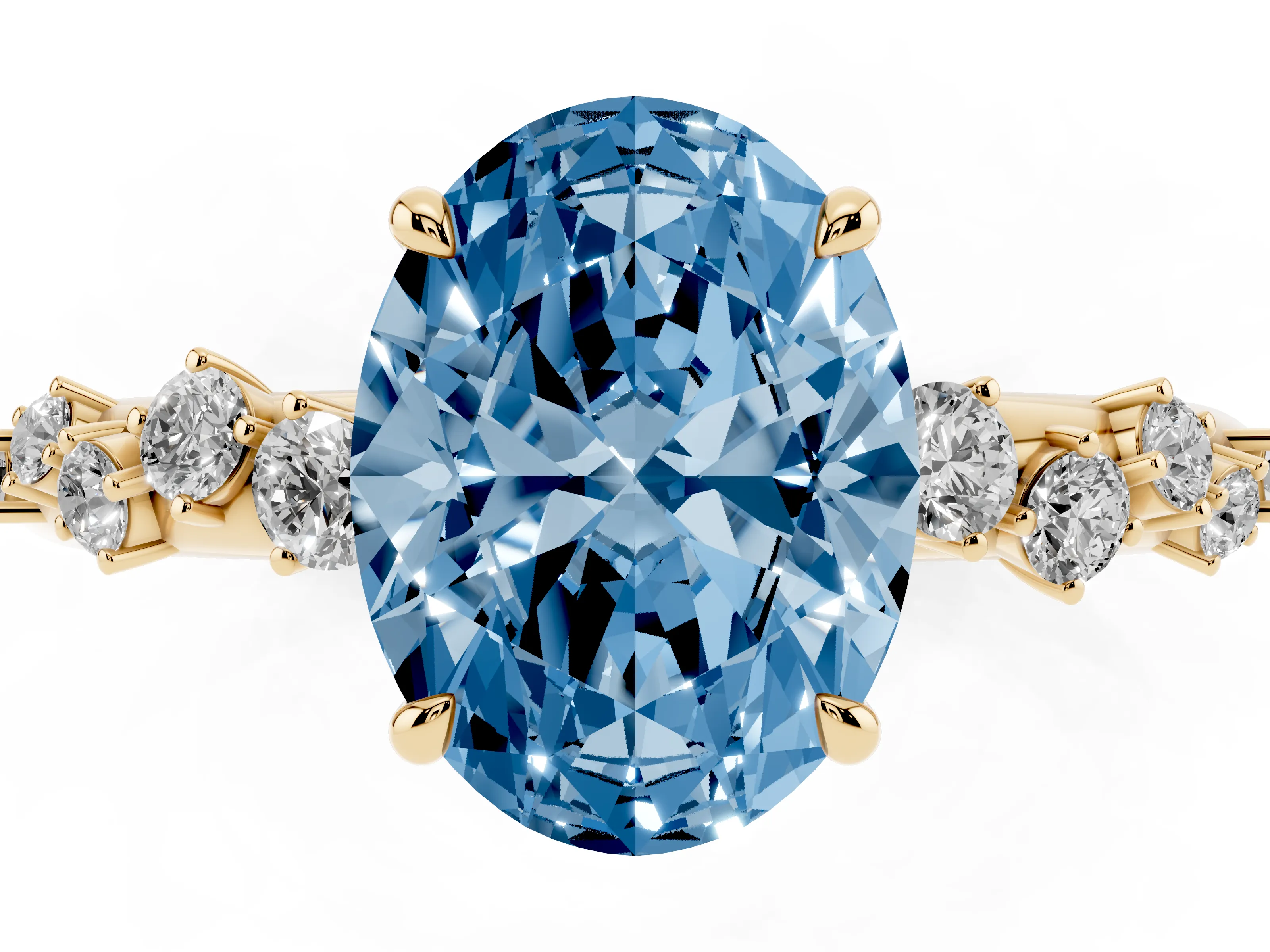 Fancy Blue Oval Cut Diamond Cluster Solitaire Ring Set in Yellow gold with Prong Setting