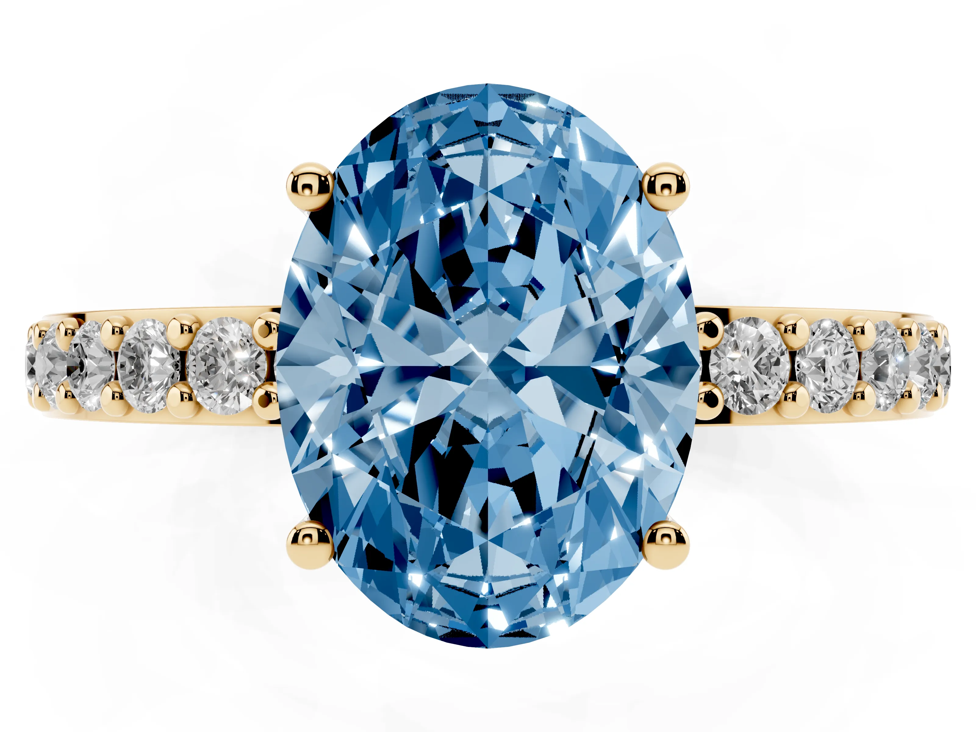Fancy Blue Oval Cut Diamond Solitaire Set in Yellow gold with Round Pavé Band and Prong Setting
