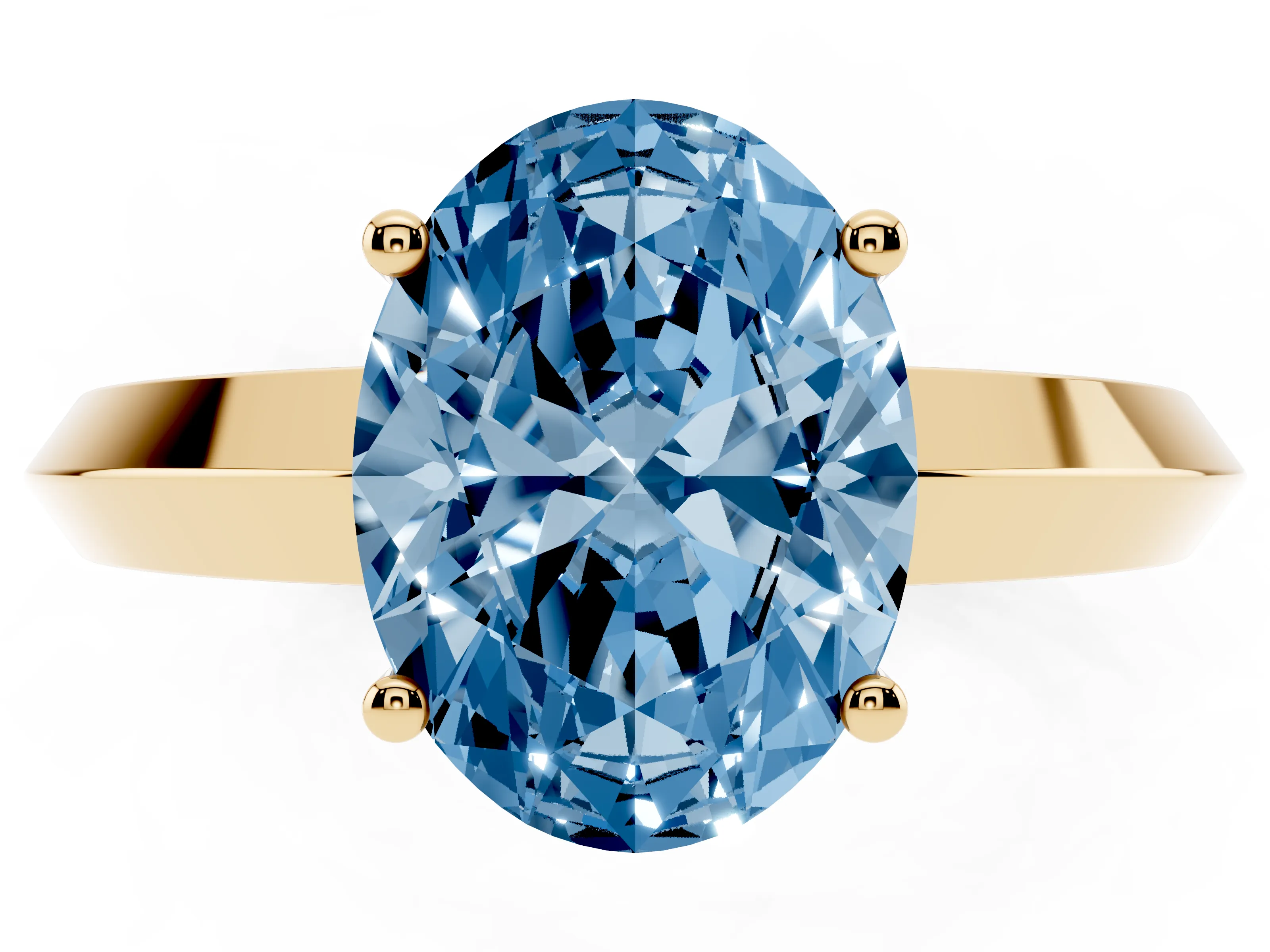 Fancy Blue Oval Cut Diamond Solitaire Engagement Ring Set in Yellow gold with Flat Band and Prong Setting