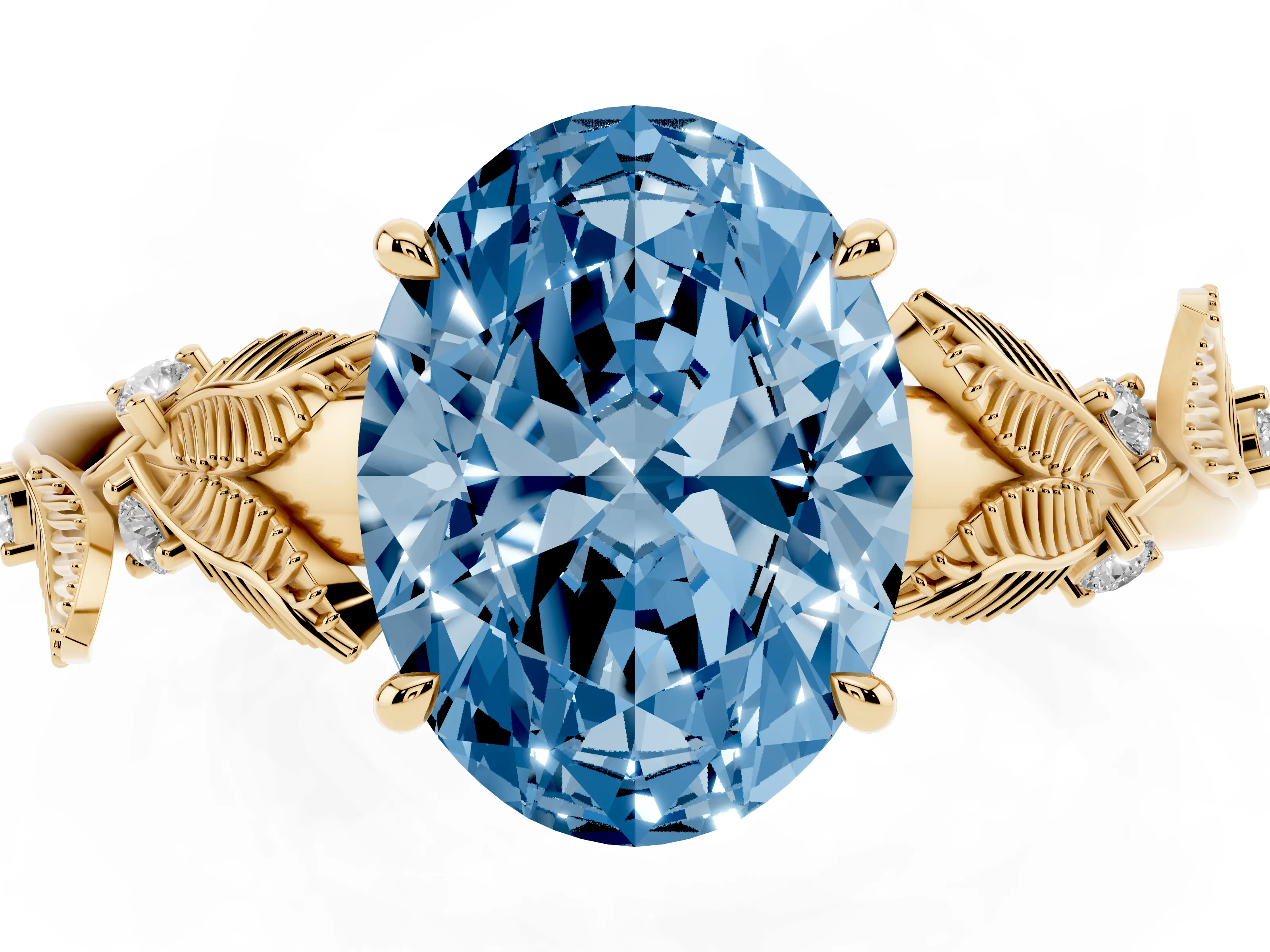 Fancy Blue Oval Cut Diamond Solitaire Ring Set in Yellow gold with Leaf Motif Band