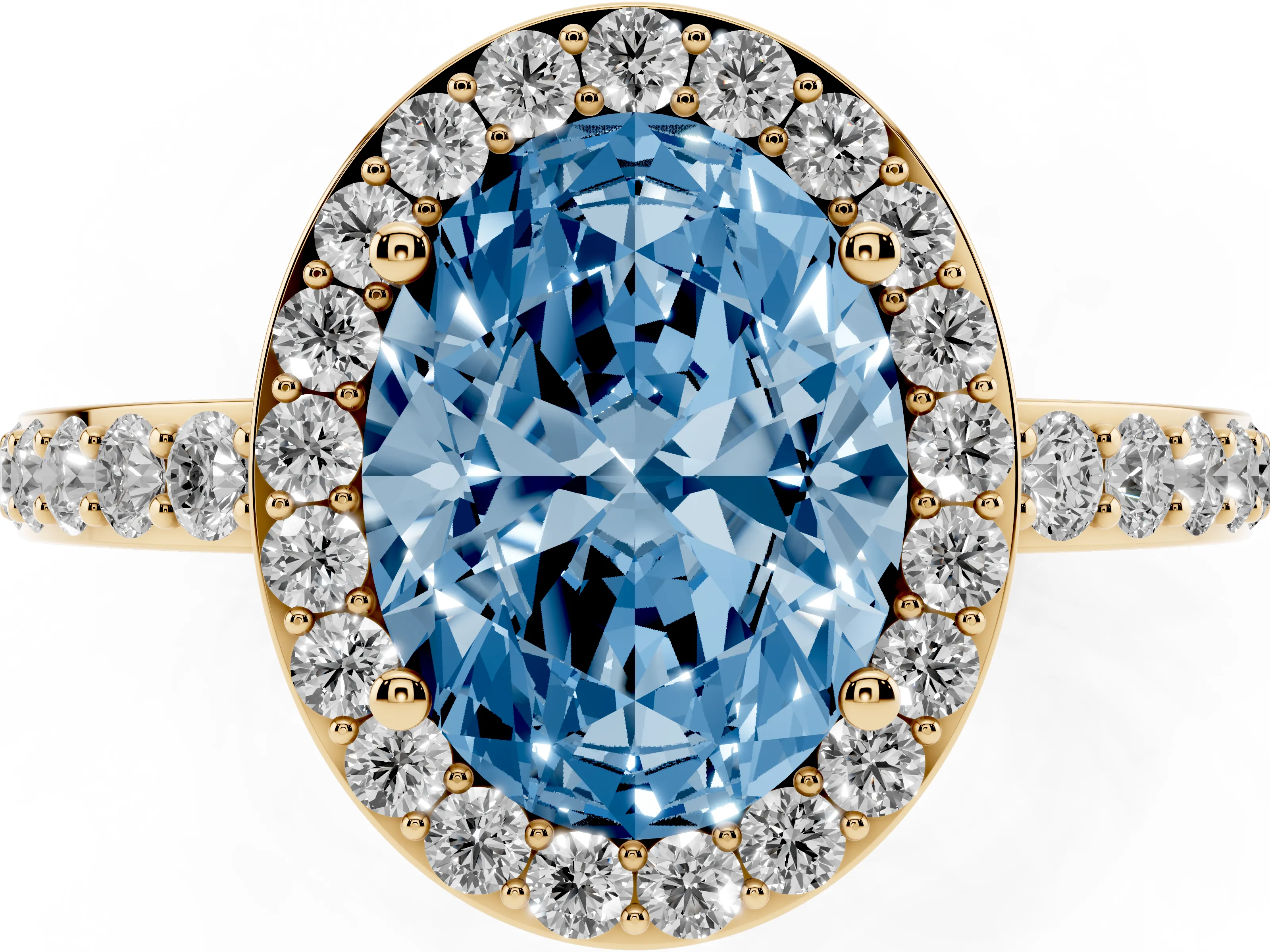 Fancy Blue Oval Cut Diamond Halo Ring Set in Yellow gold with Pavé-Setting Band and Open Prong Center