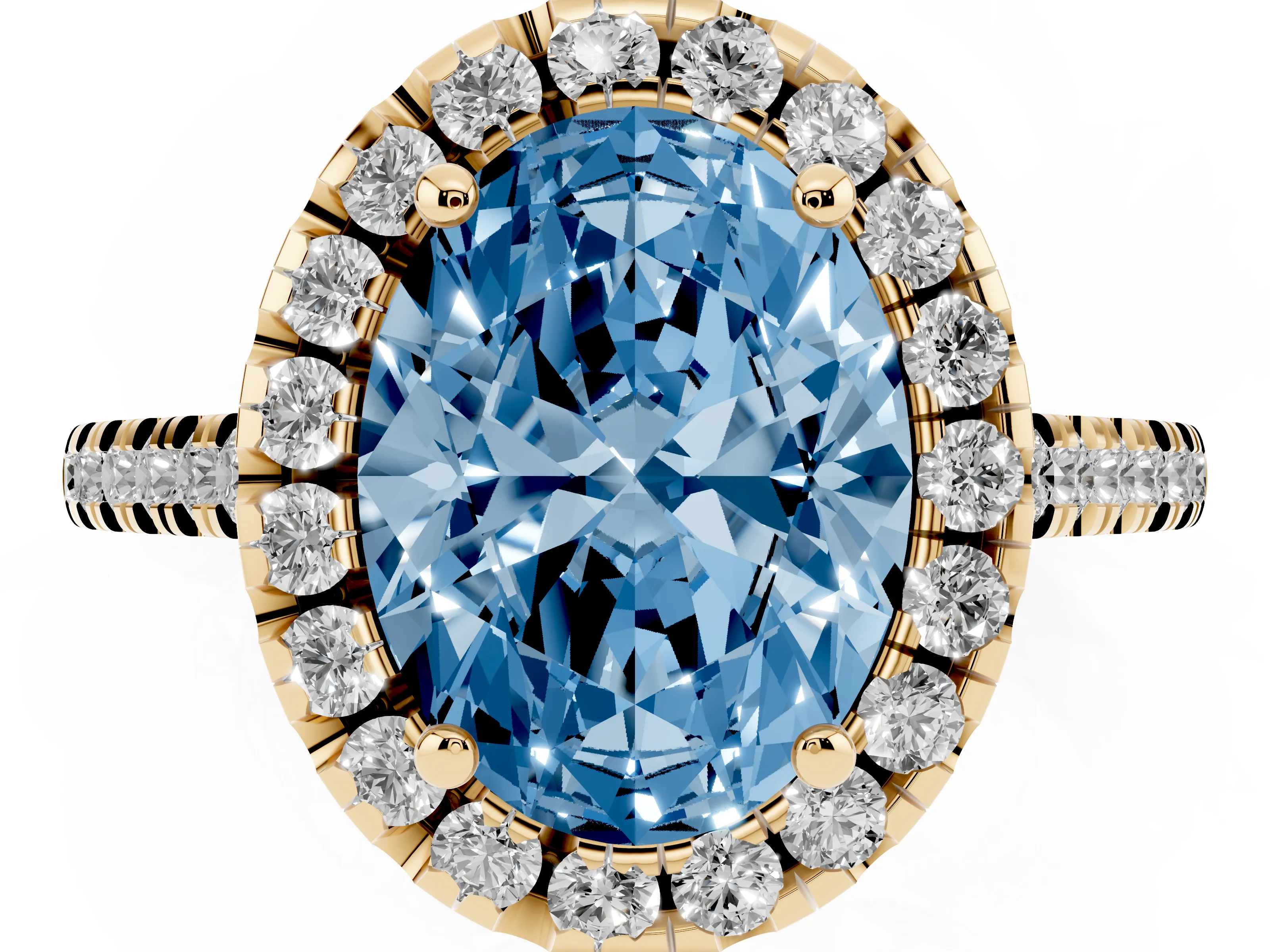 Fancy Blue Oval Cut Diamond Cushion Halo Ring Set in Yellow gold with Pavé Band