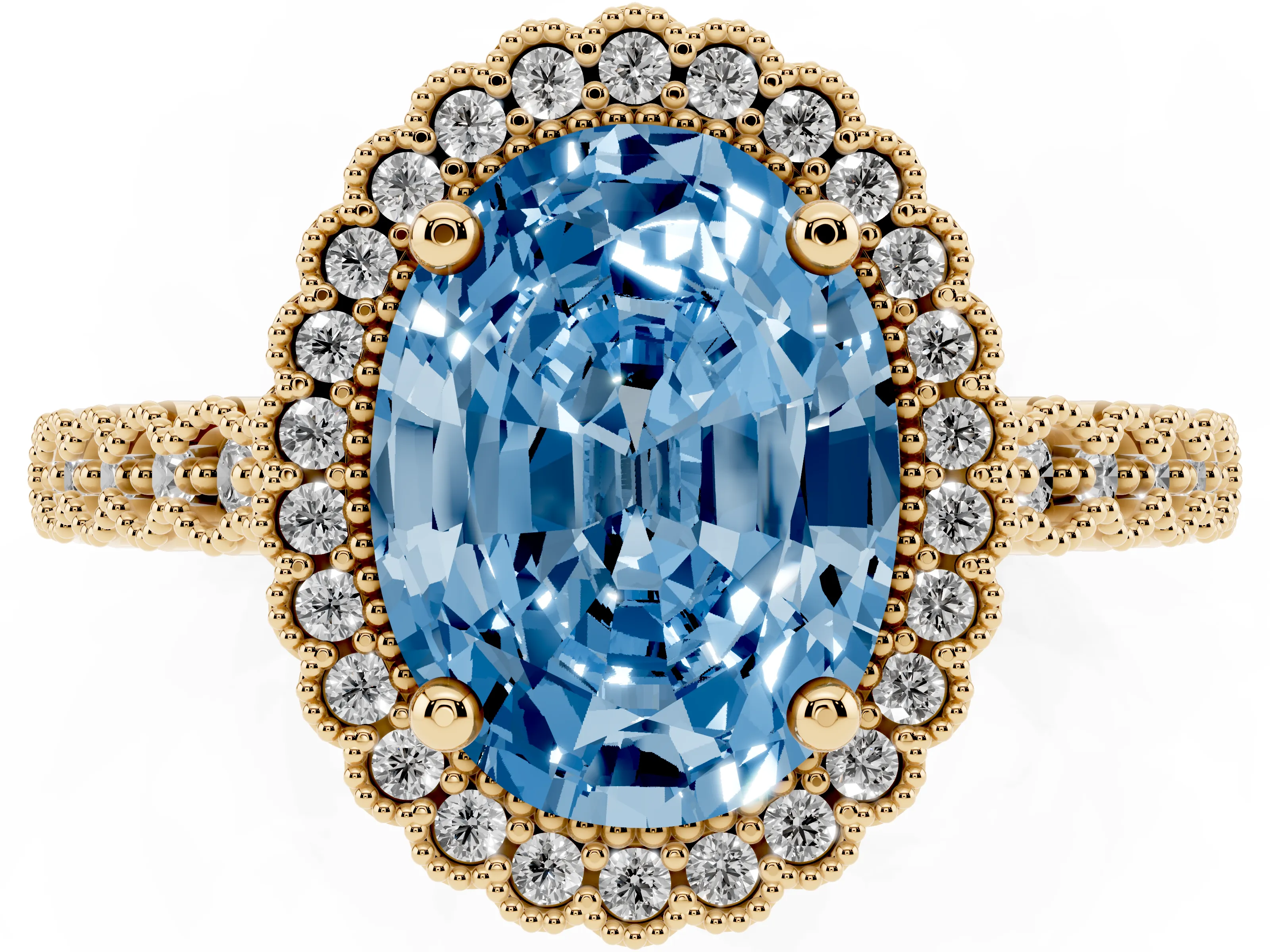 Fancy Blue Oval Cut Diamond Halo Ring Set in Yellow gold with Pavé Milgrain Band