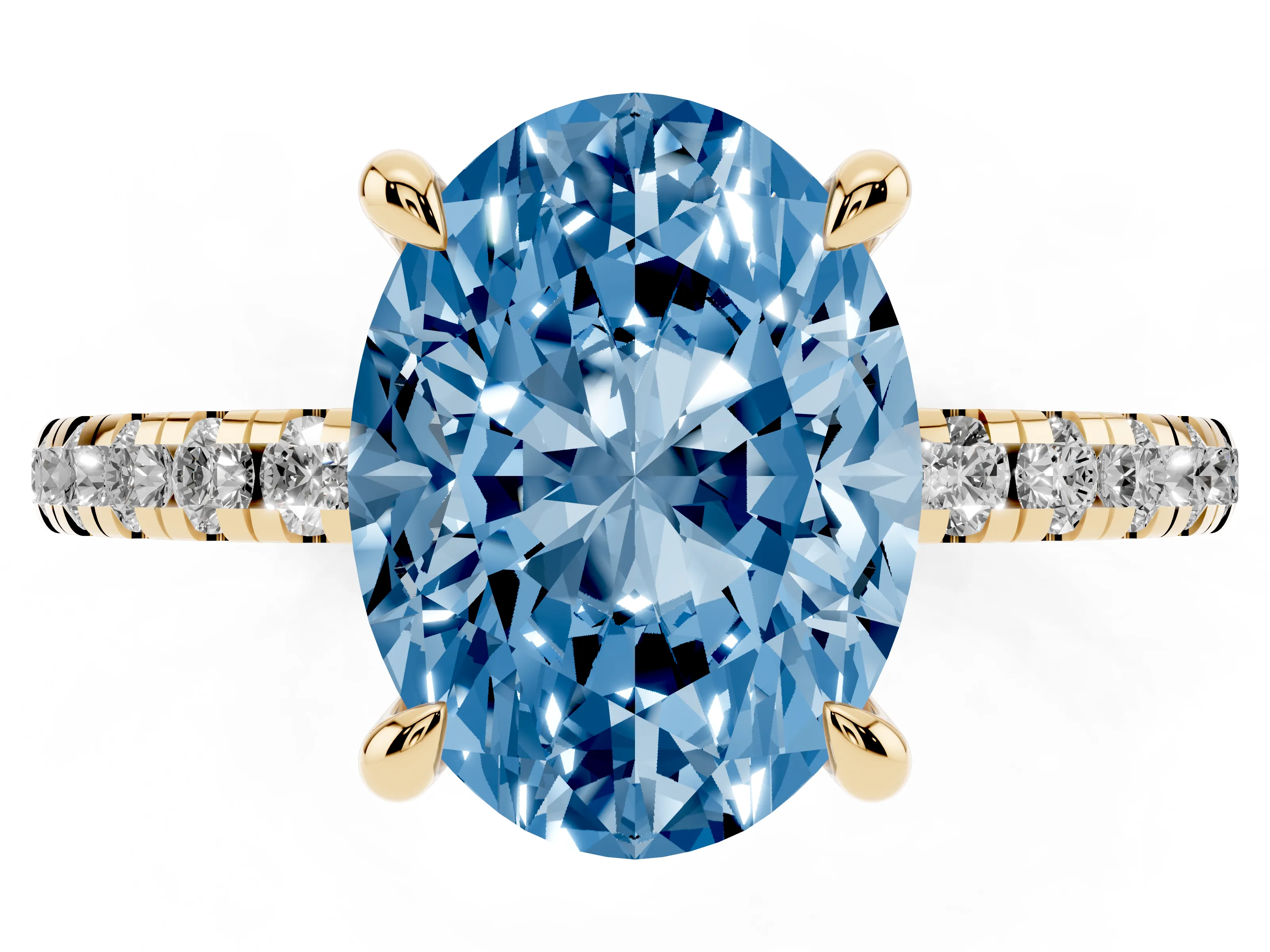 Fancy Blue Oval Cut Diamond Brilliant Solitaire Ring Set in Yellow gold with Pavé Band and Prong Setting