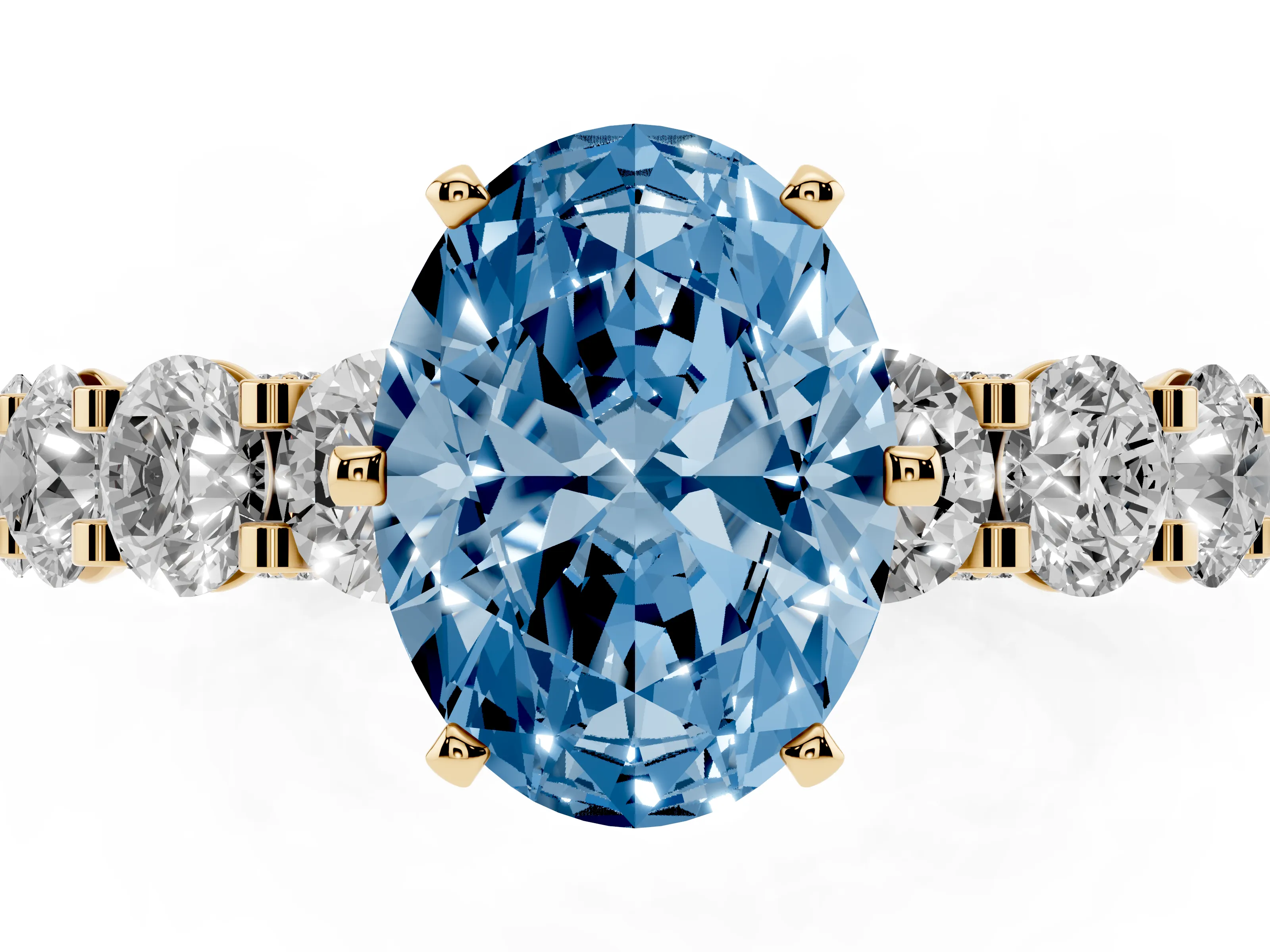 Fancy Blue Oval Cut Diamond Side Stone Ring Set in Yellow gold with Alternating Round and Oval Side Stones