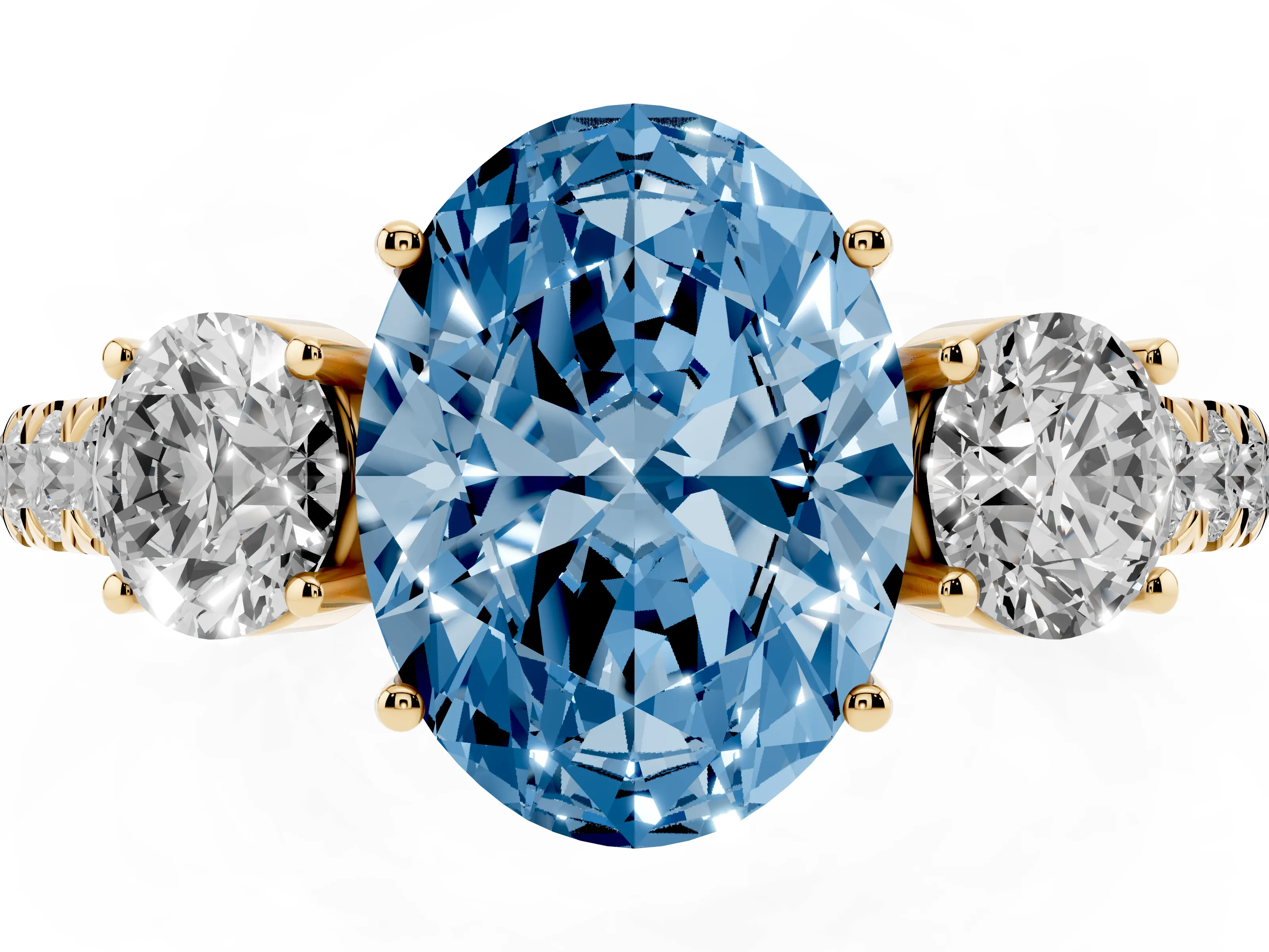 Fancy Blue Oval Cut Diamond Three-Stone Ring Set in Yellow gold with Round Side Stones and Delicate Pavé Band