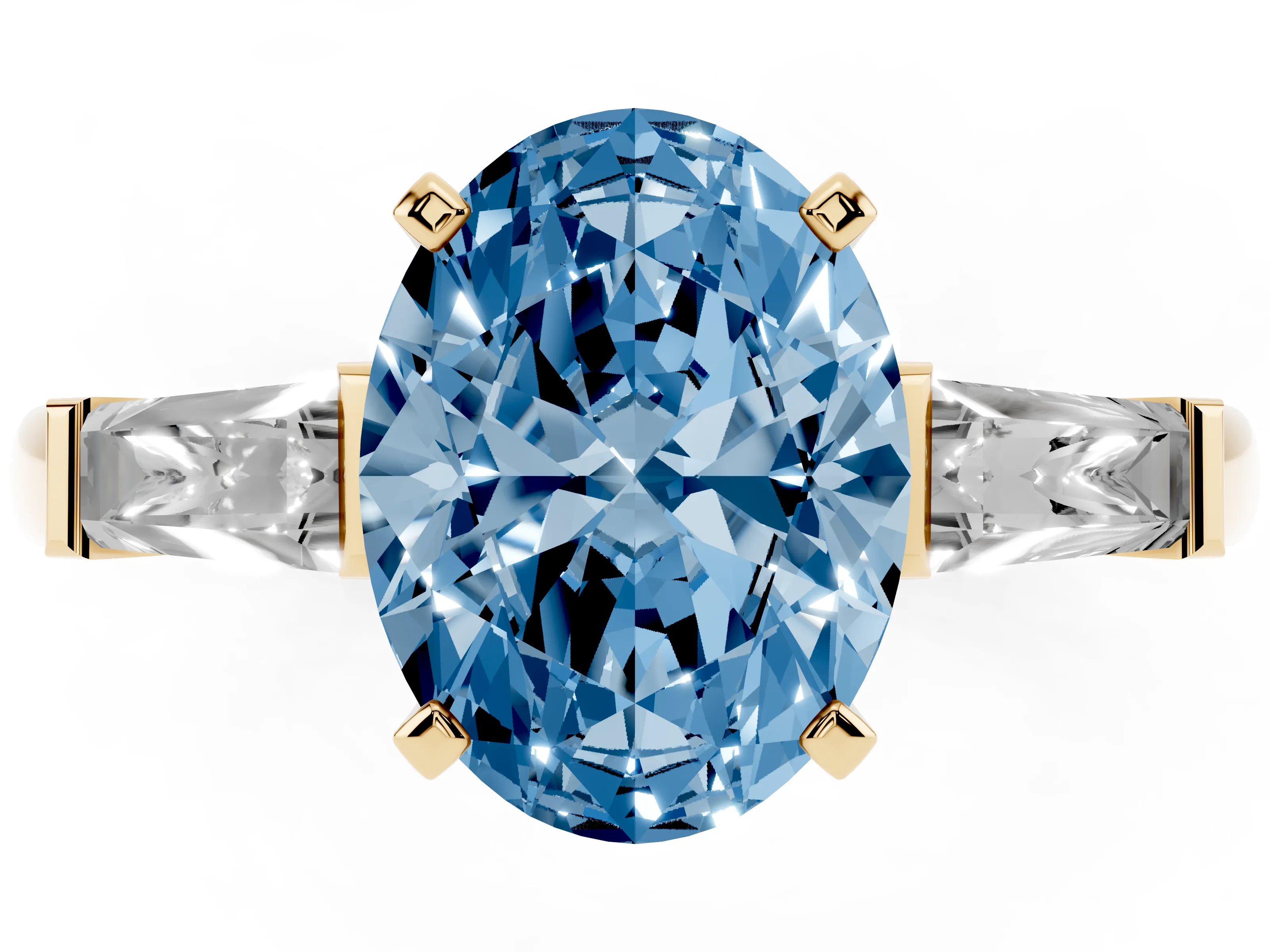 Fancy Blue Oval Cut Diamond Solitaire Ring Set in Yellow gold with Tapered Baguette Side Stones and Prong Setting