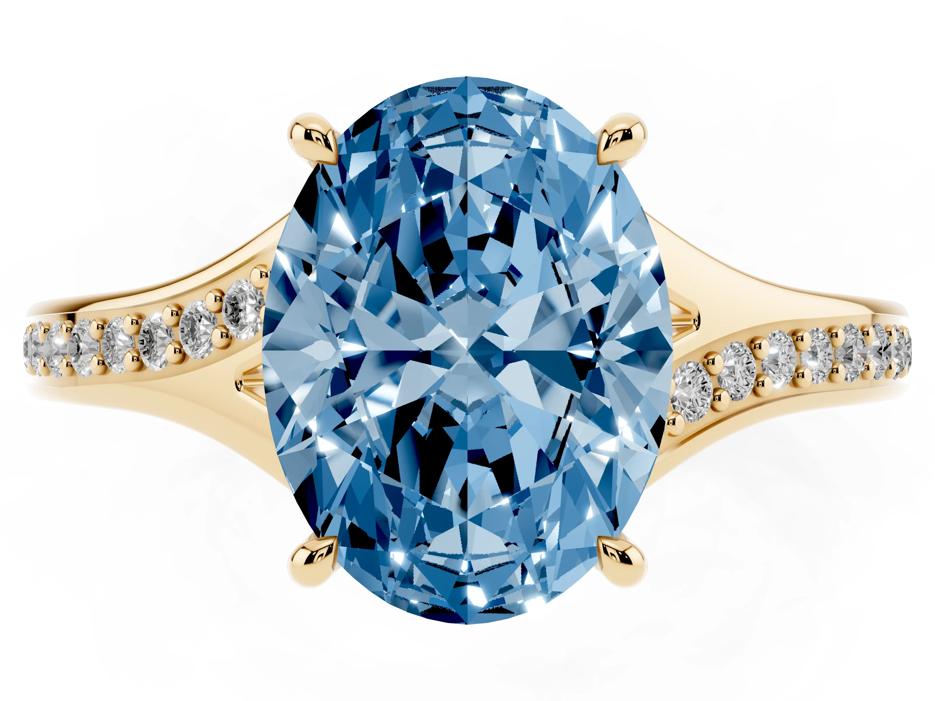 Fancy Blue Oval Cut Diamond Solitaire Ring Set in Yellow gold with Pavé Accent Band and Classic Prong Setting